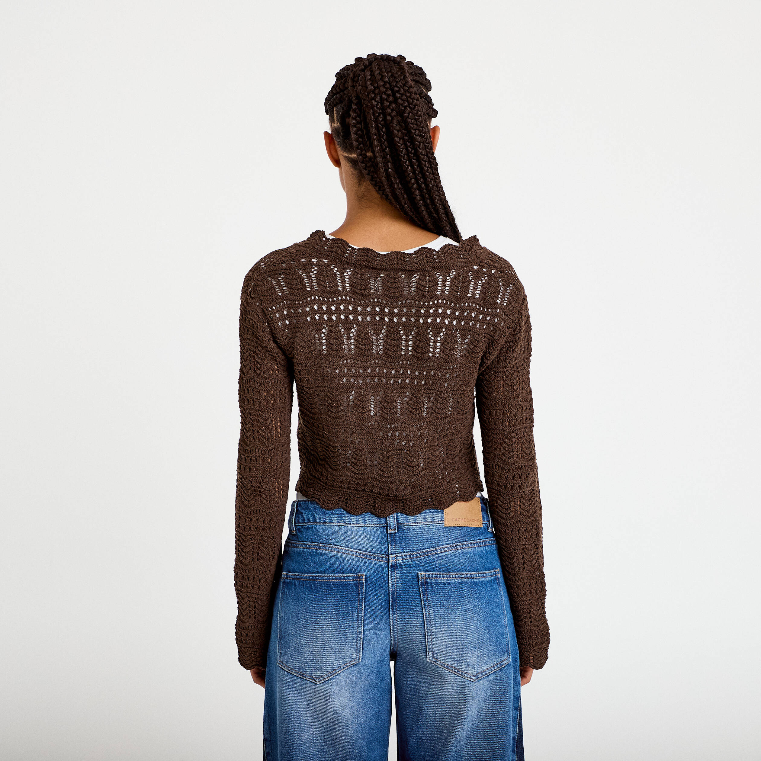Gilet ajour&eacute; nou&eacute; marron fonc&eacute; femme
