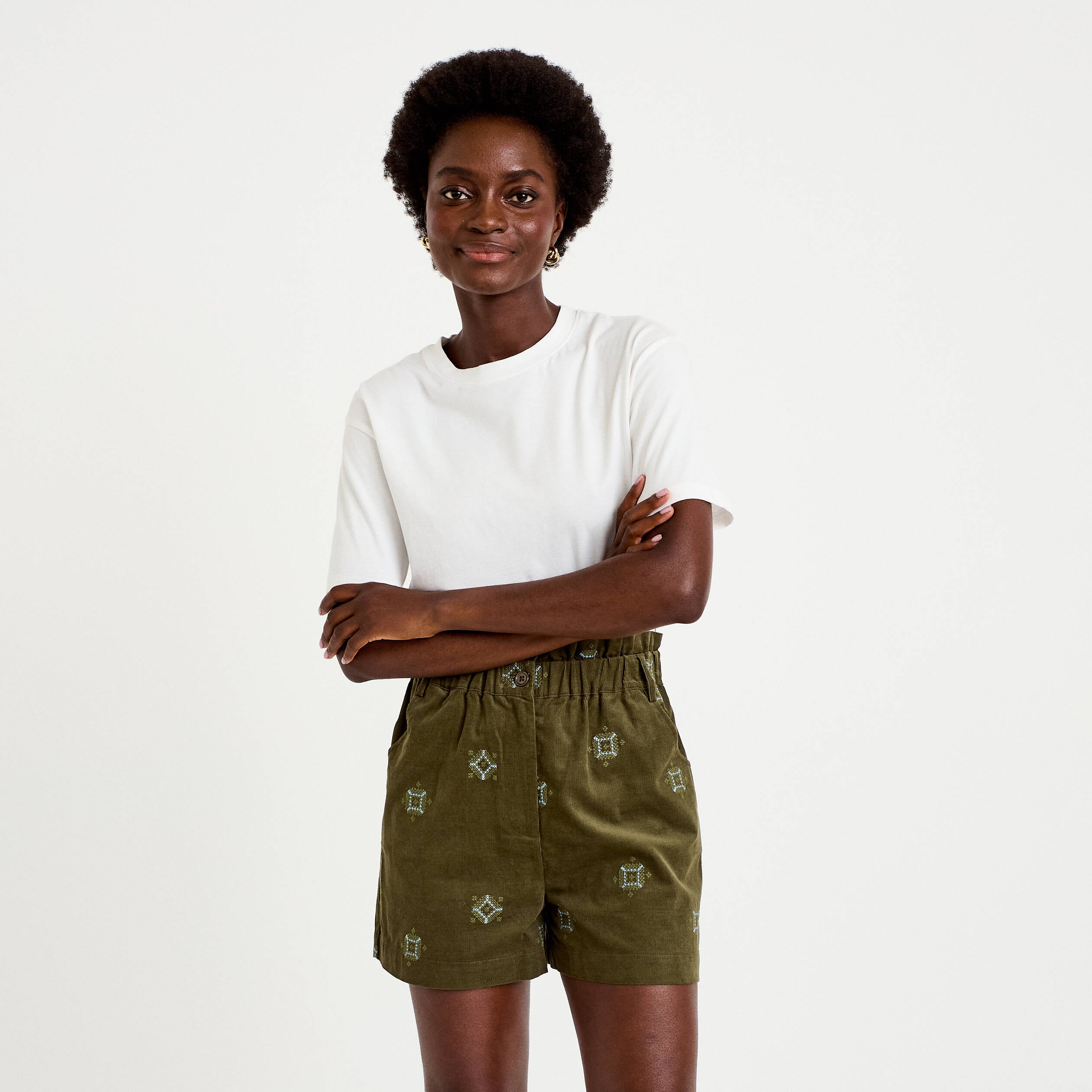 Short taille haute en velours brod&eacute; vert kaki femme