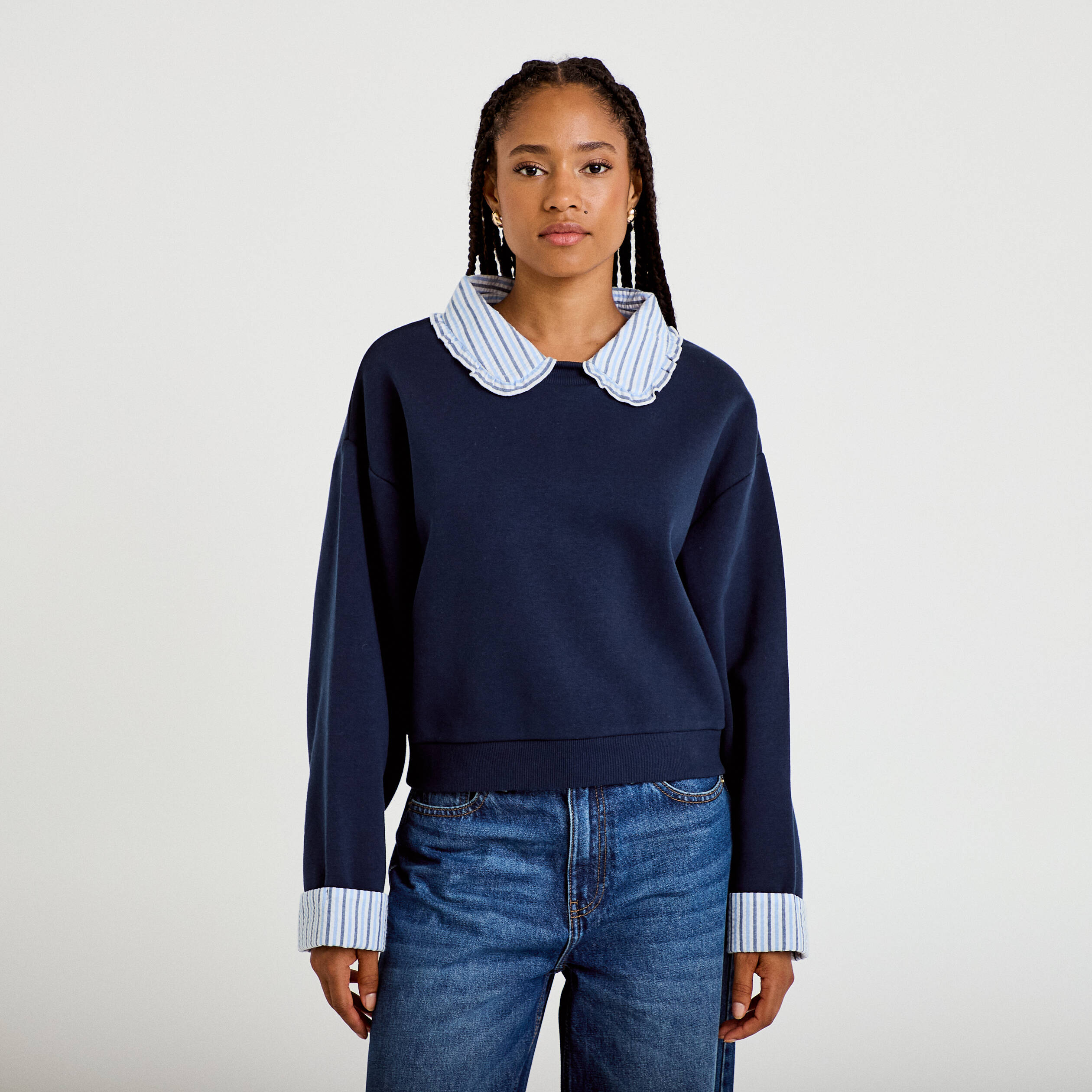 Sweat col chemise manches longues bleu marine femme
