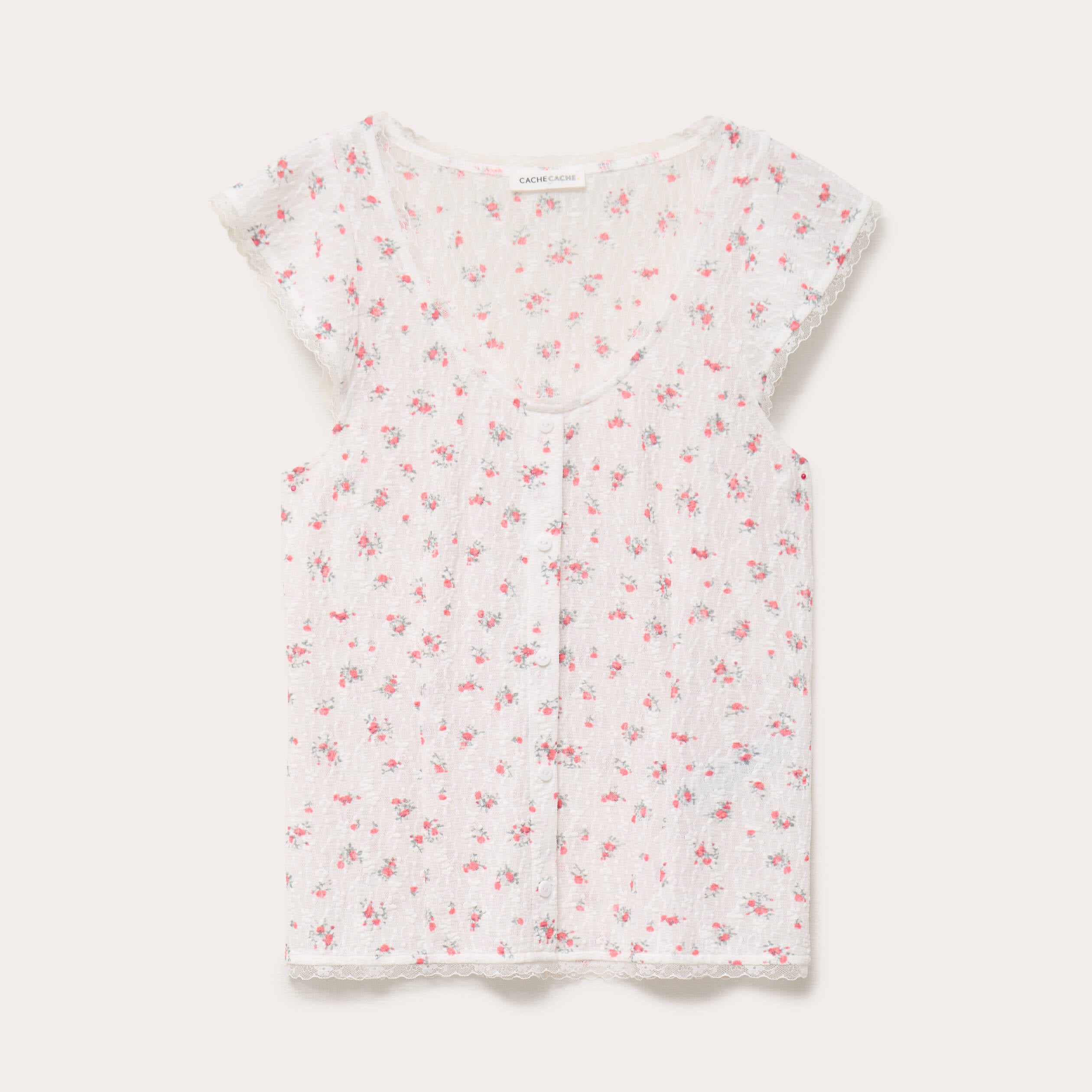 Top boutonn&eacute; d&eacute;tails dentelle blanc femme