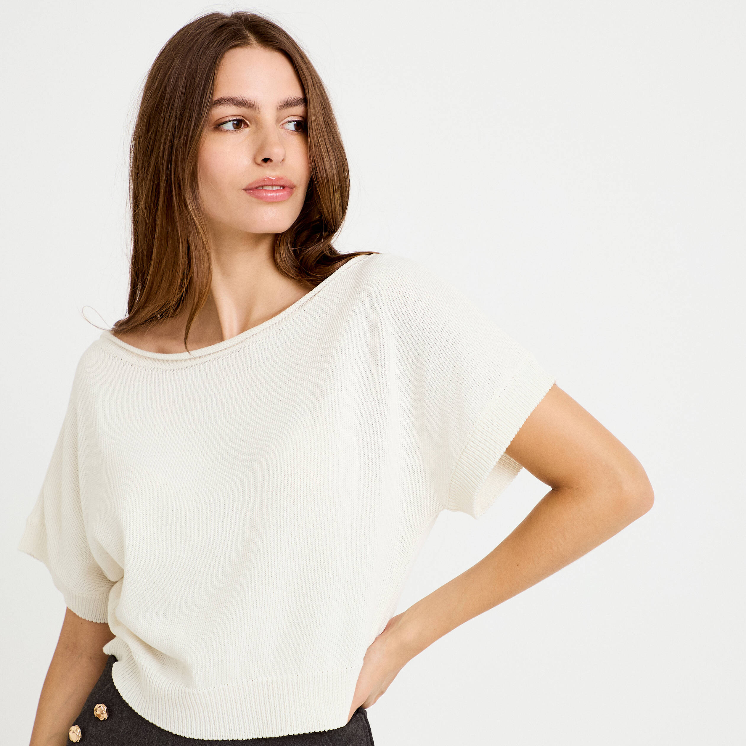 Pull ample cropped manches courtes ecru femme