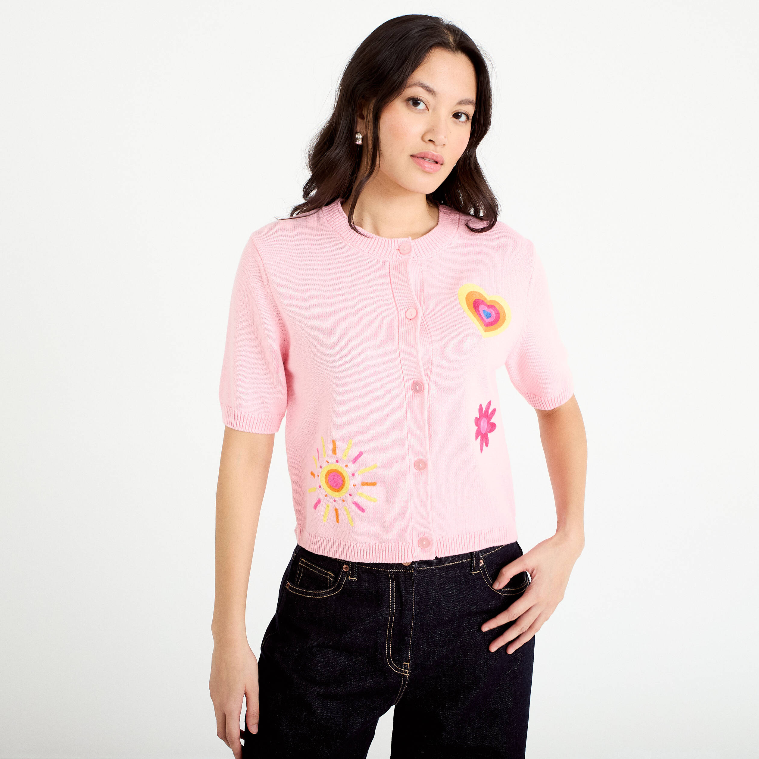 Gilet brod&eacute; manches courtes rose corail femme