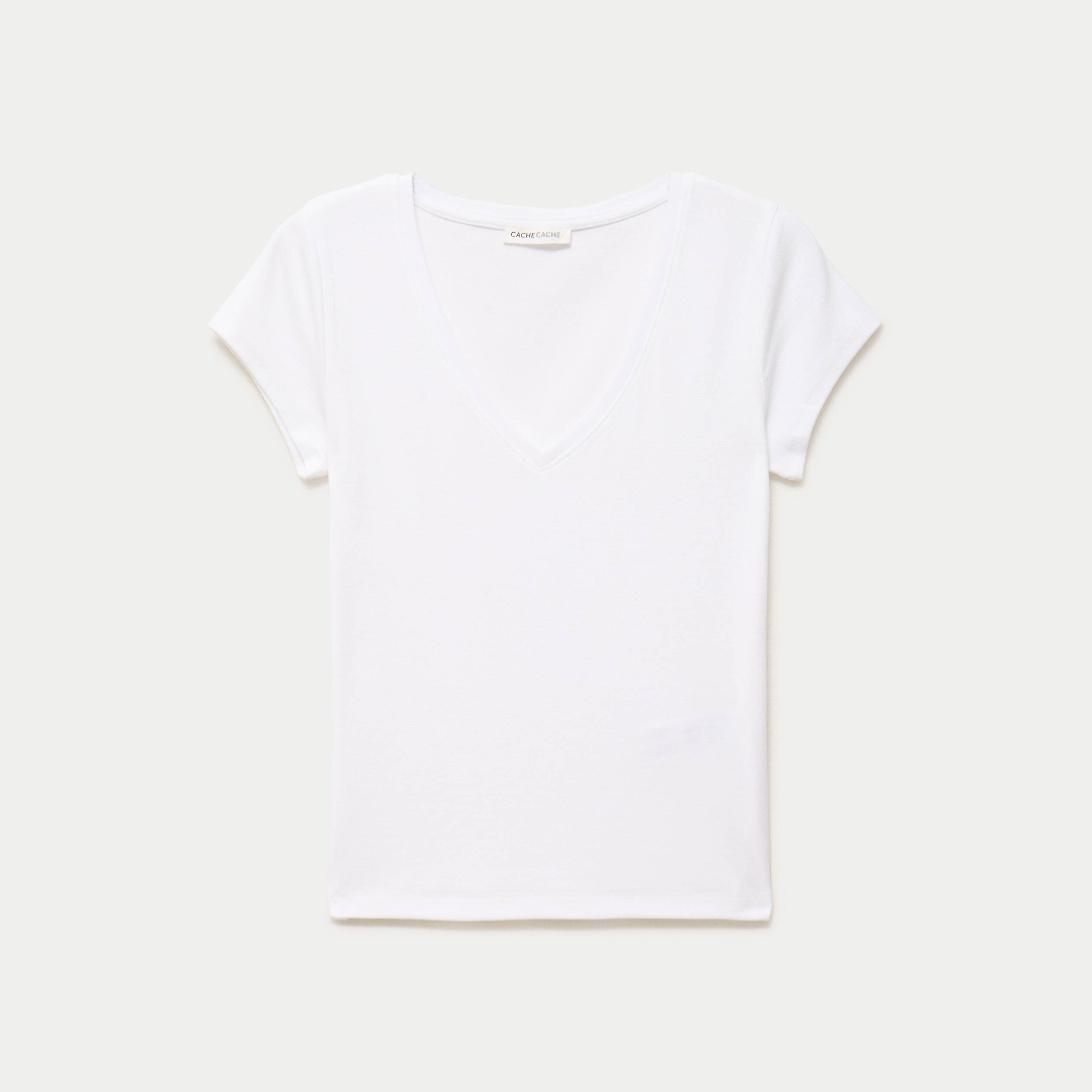 T-shirt ajust&eacute; col v manches courtes blanc femme