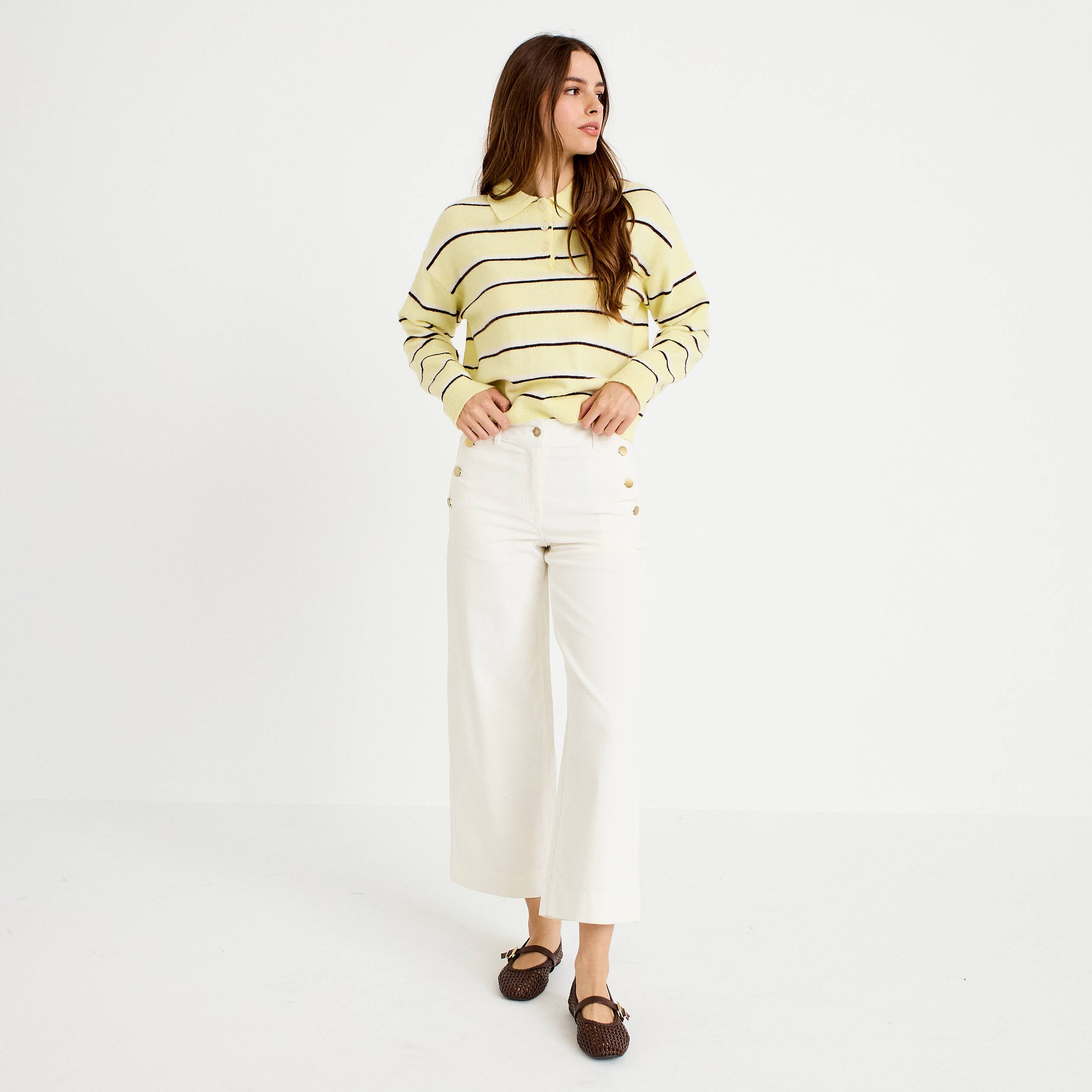 Pantalon bootcut taille haute velours ecru femme