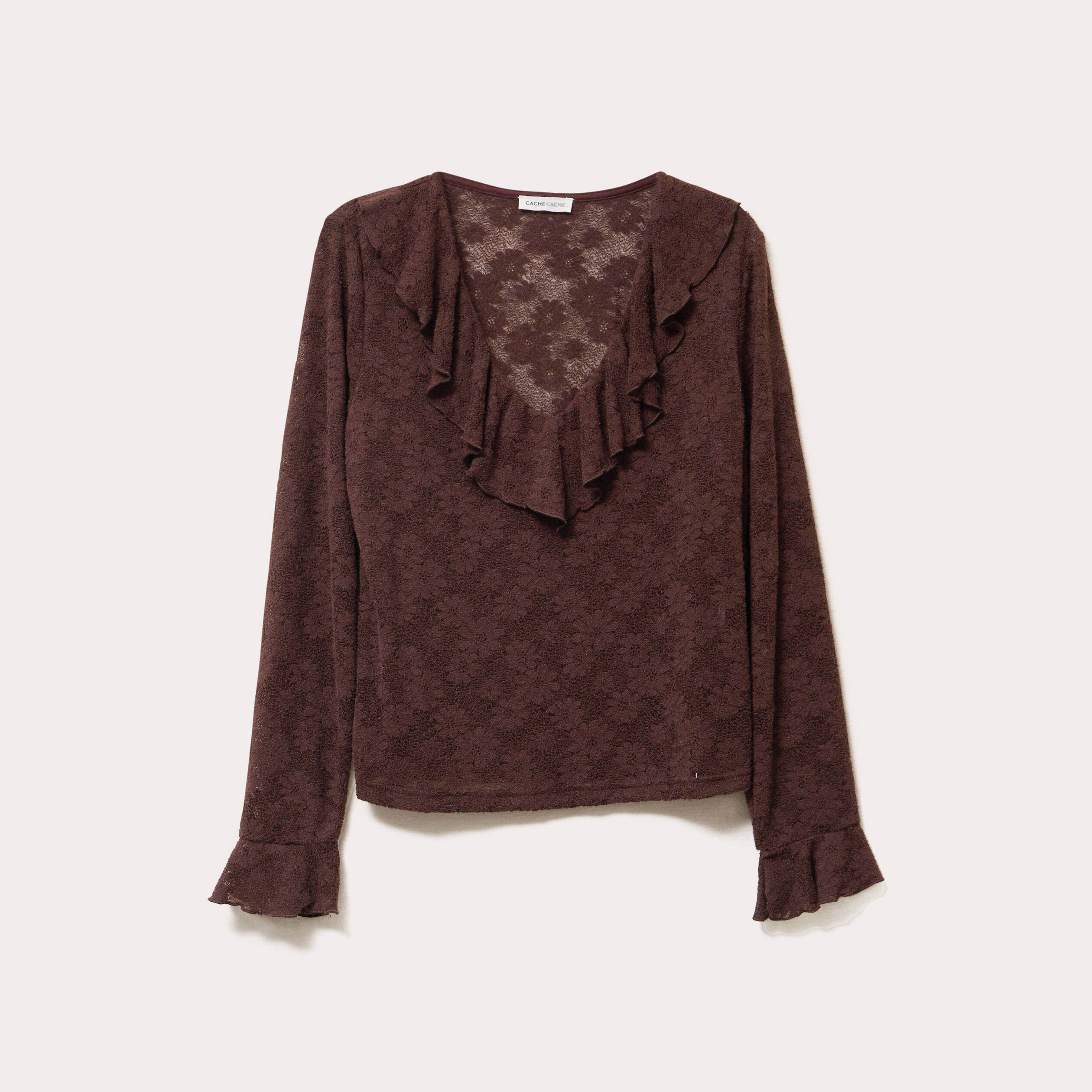 Blouse ajour&eacute;e manches longues marron fonc&eacute; femme
