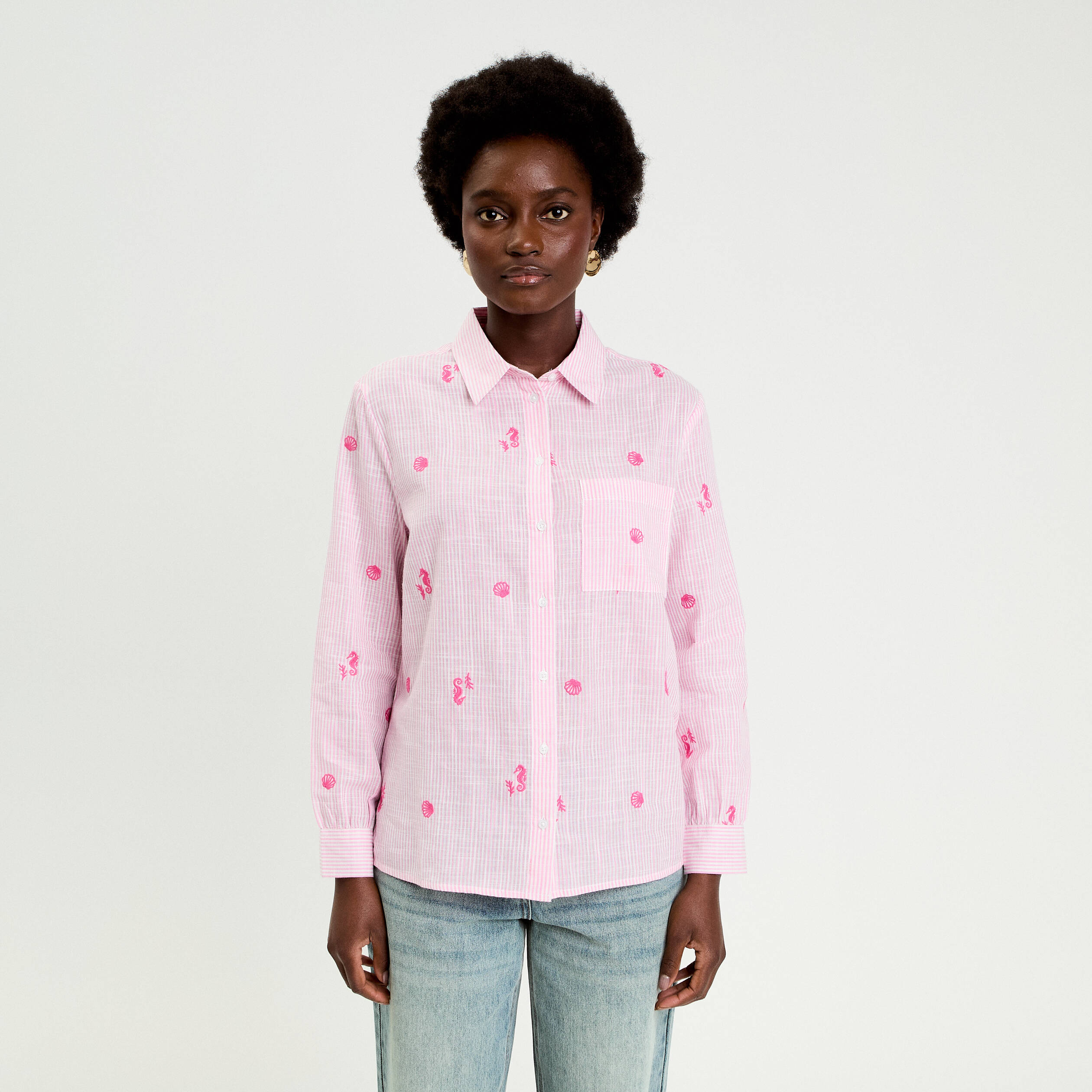 Chemise brod&eacute;e manches longues blanc femme
