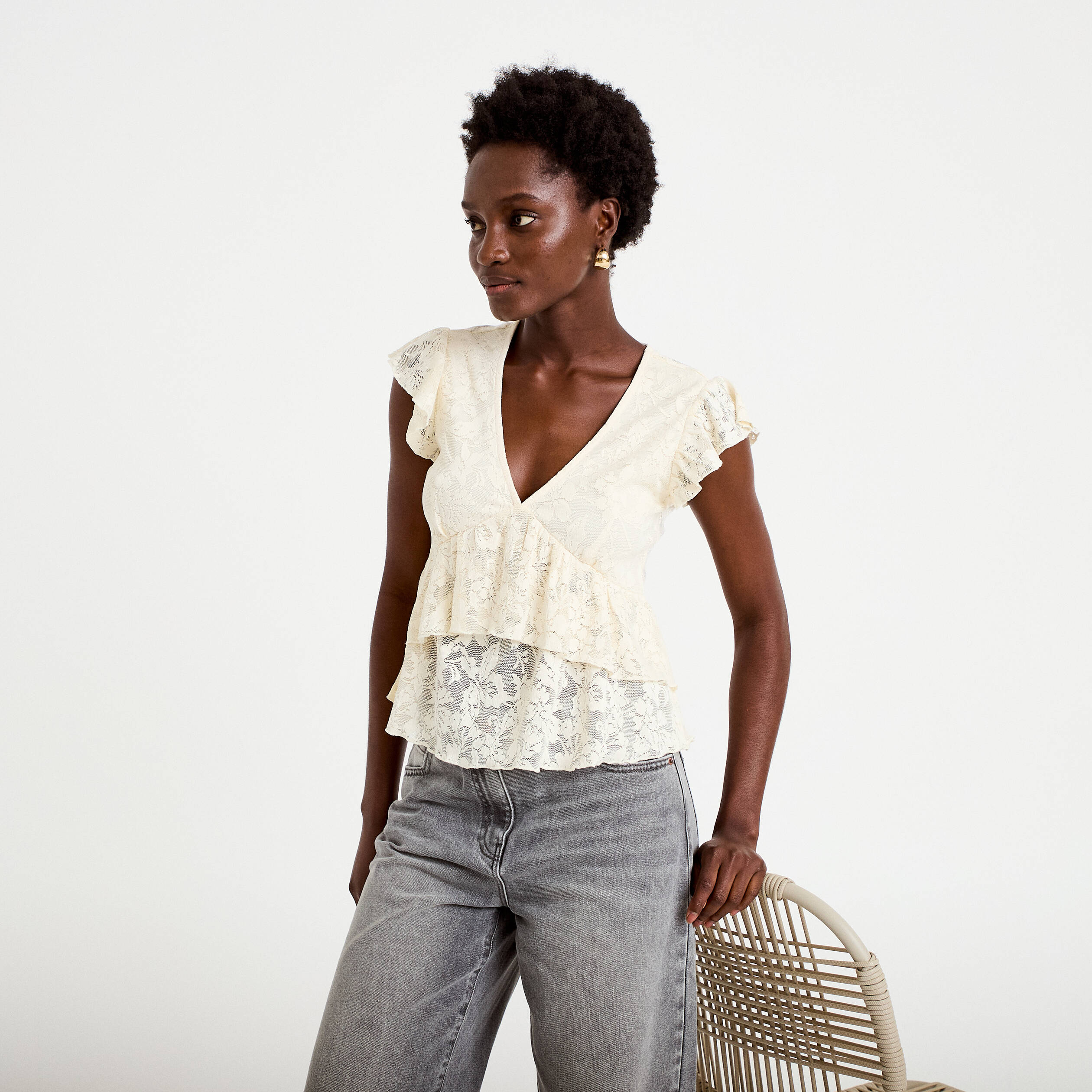 Blouse manches courtes aspect dentelle ecru femme