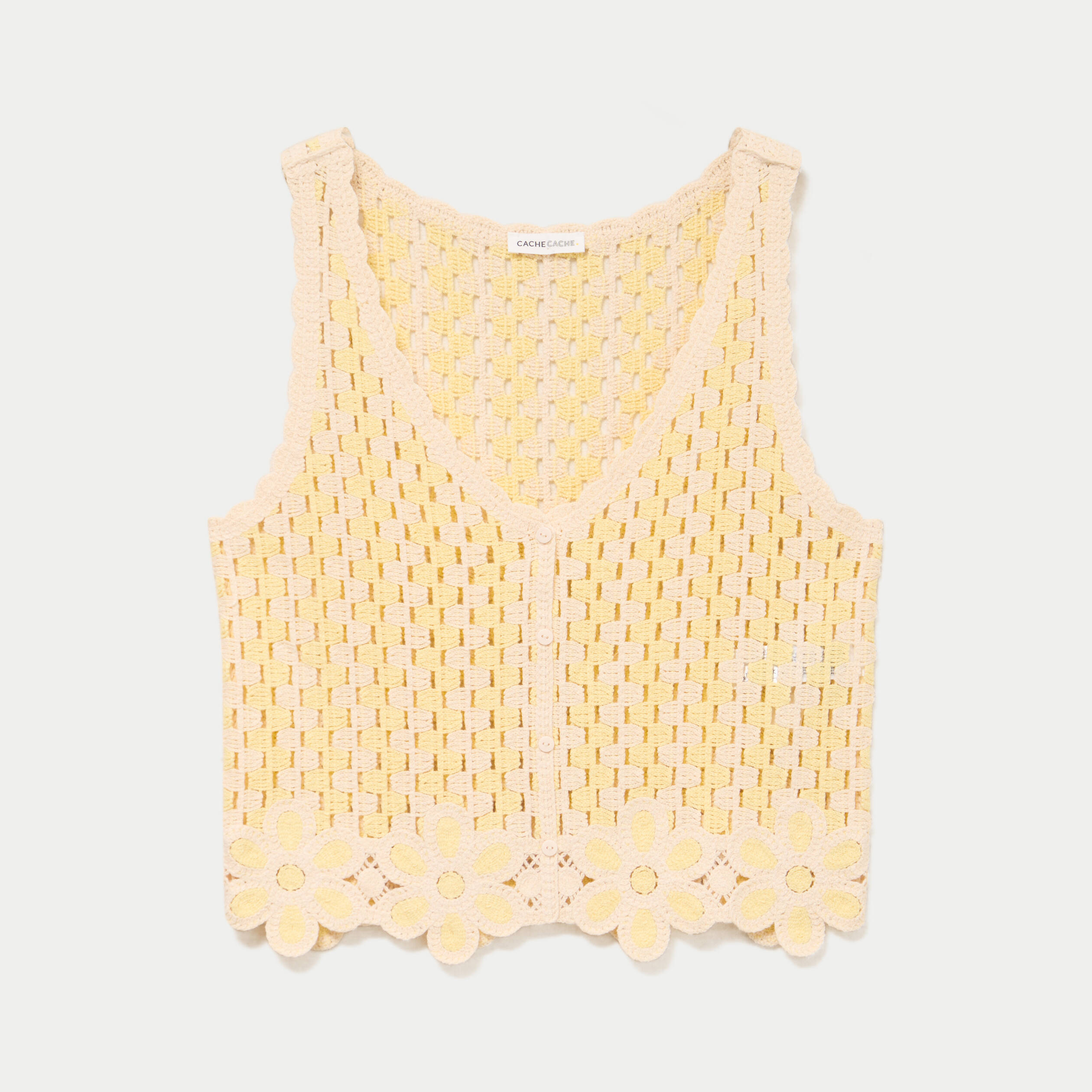 D&eacute;bardeur col v aspect dentelle jaune clair femme