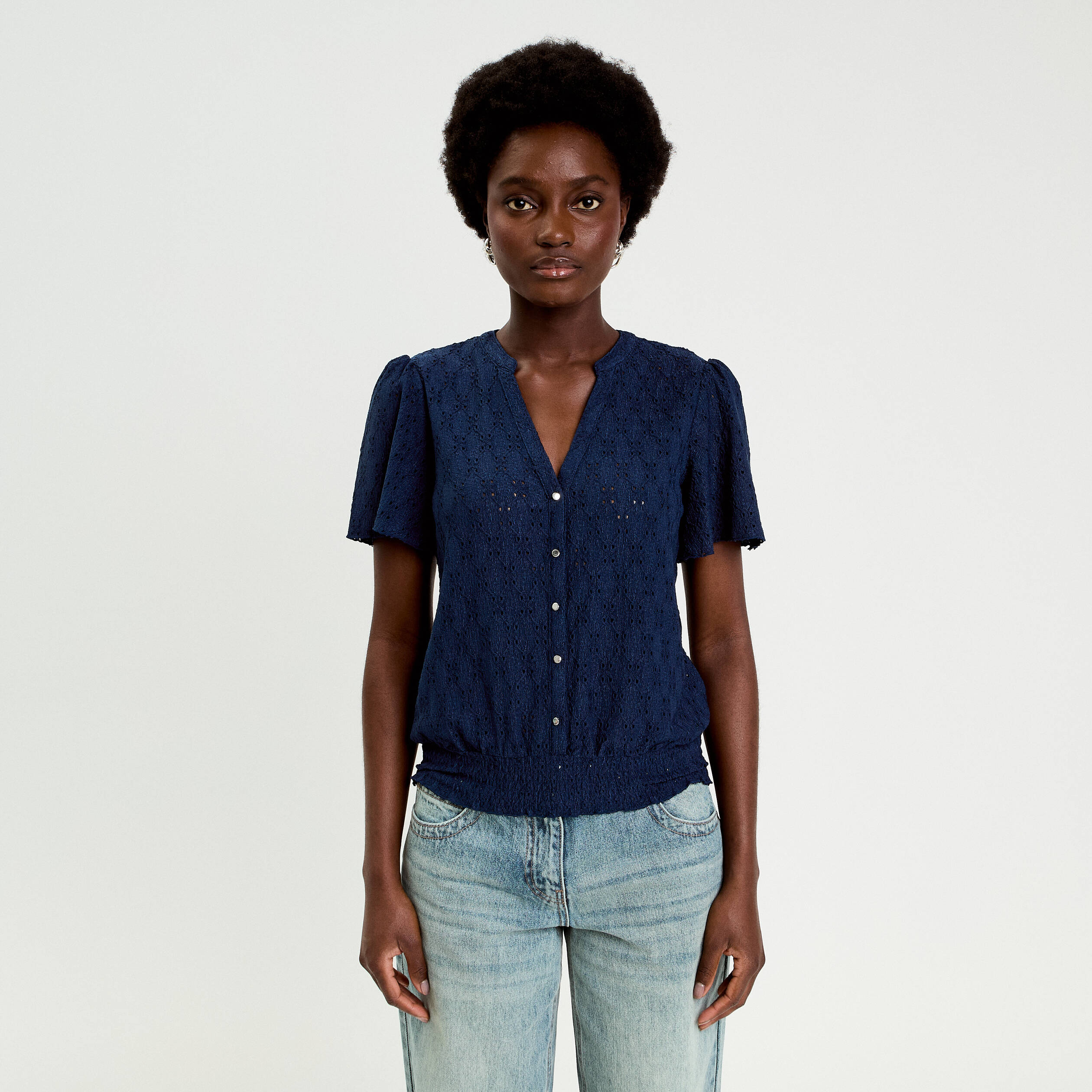 T-shirt manches courtes bleu fonc&eacute; femme