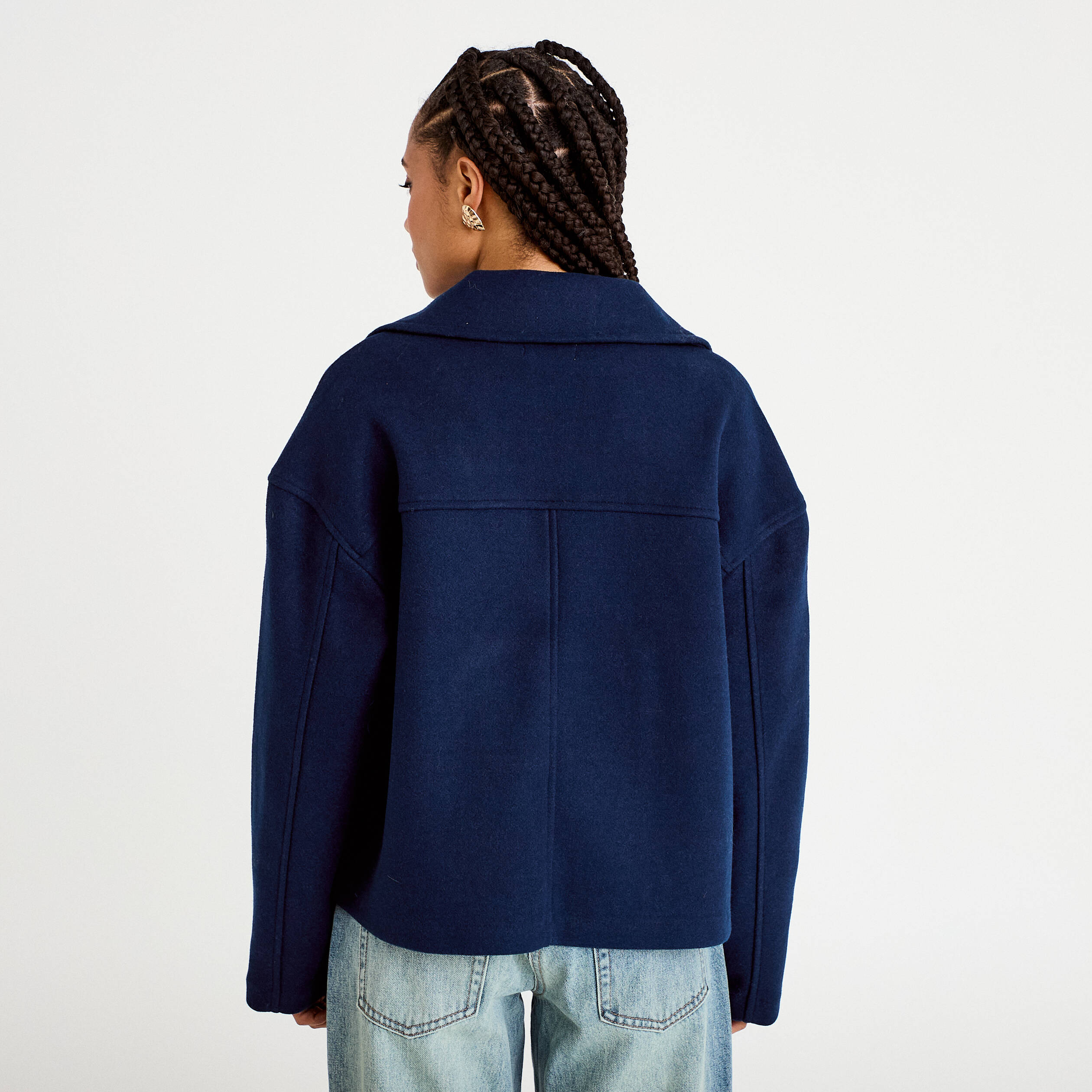 Caban court oversize col tailleur bleu marine femme