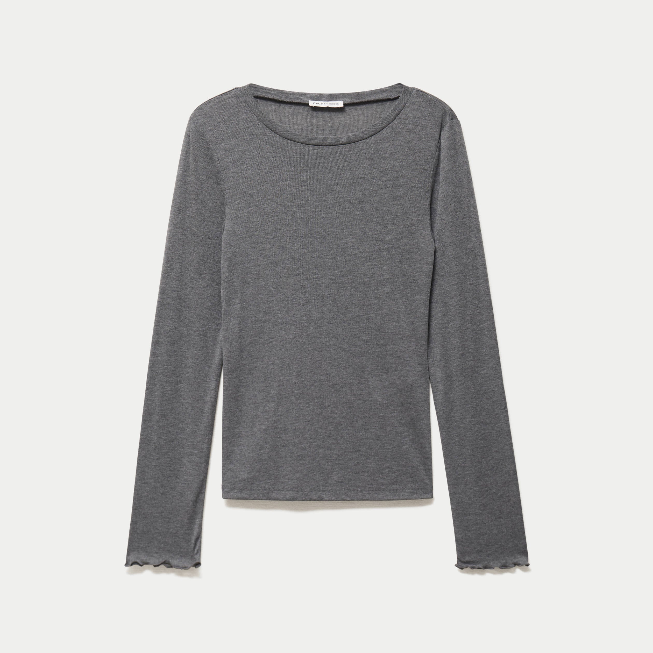 T-shirt ajust&eacute; col rond manches longues gris fonc&eacute; femme