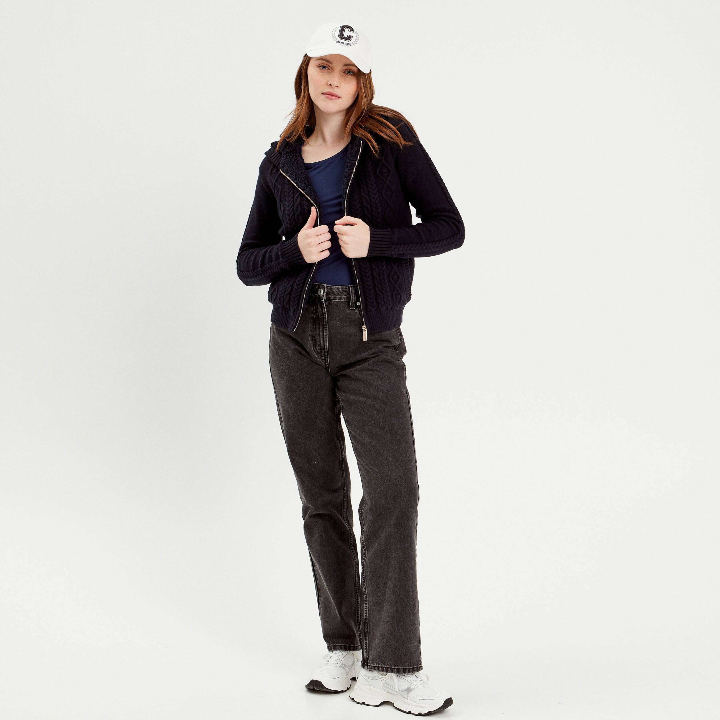 Gilet &agrave; capuche zipp&eacute; bleu marine femme