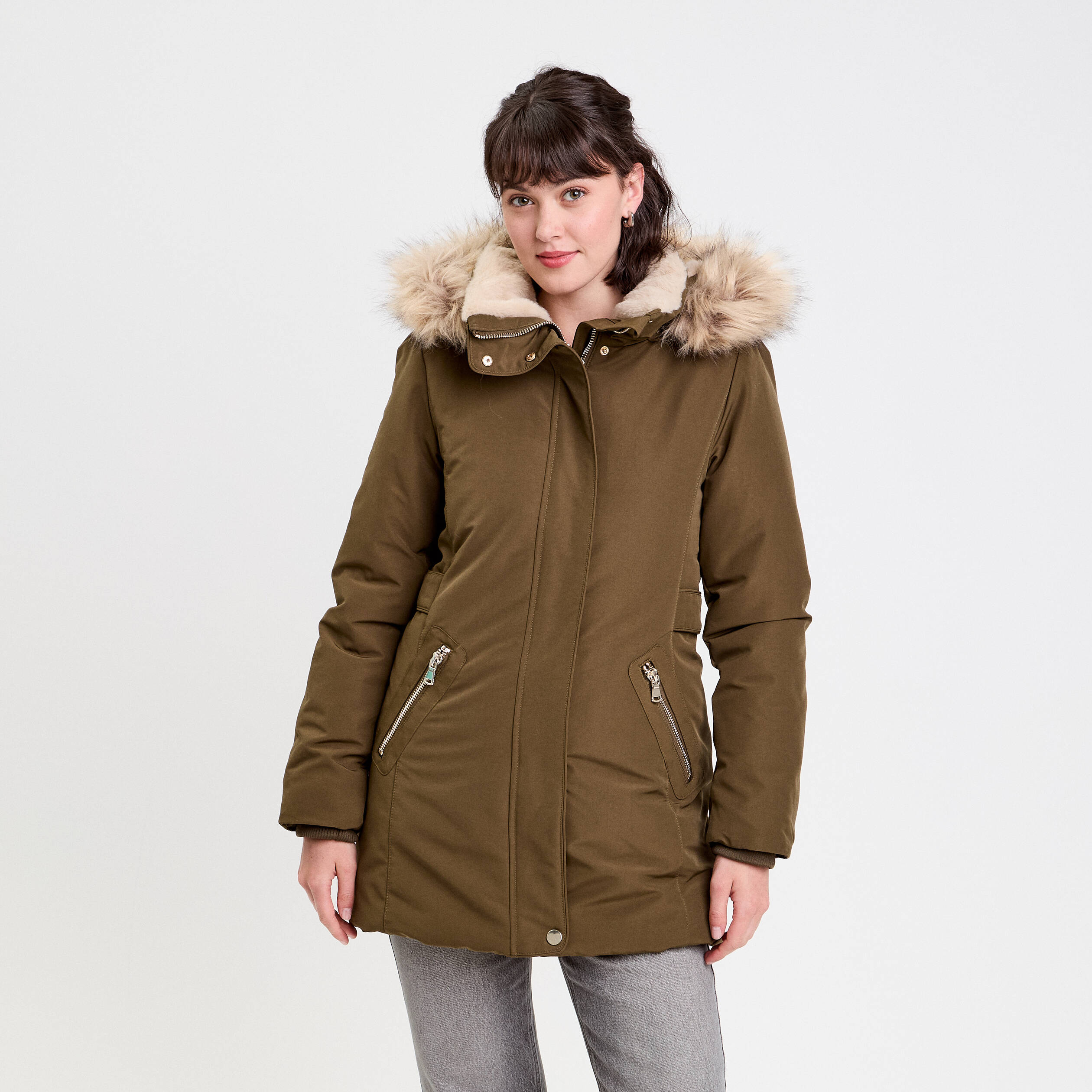 Parka &agrave; capuche fausse fourrure vert kaki femme