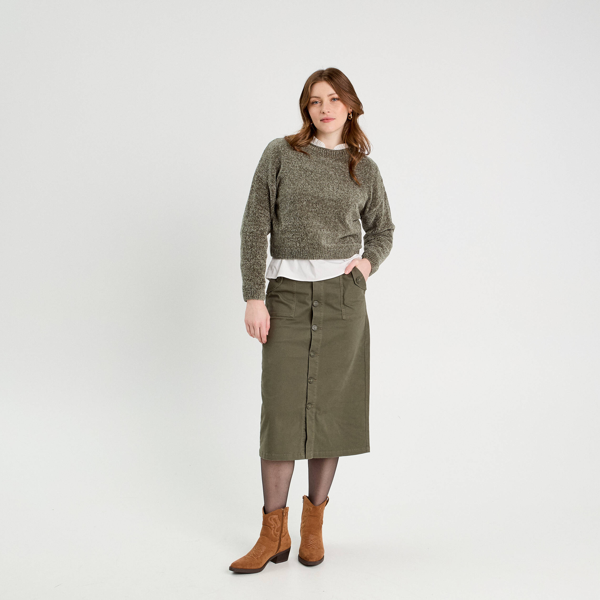 Pull col montant vert kaki femme
