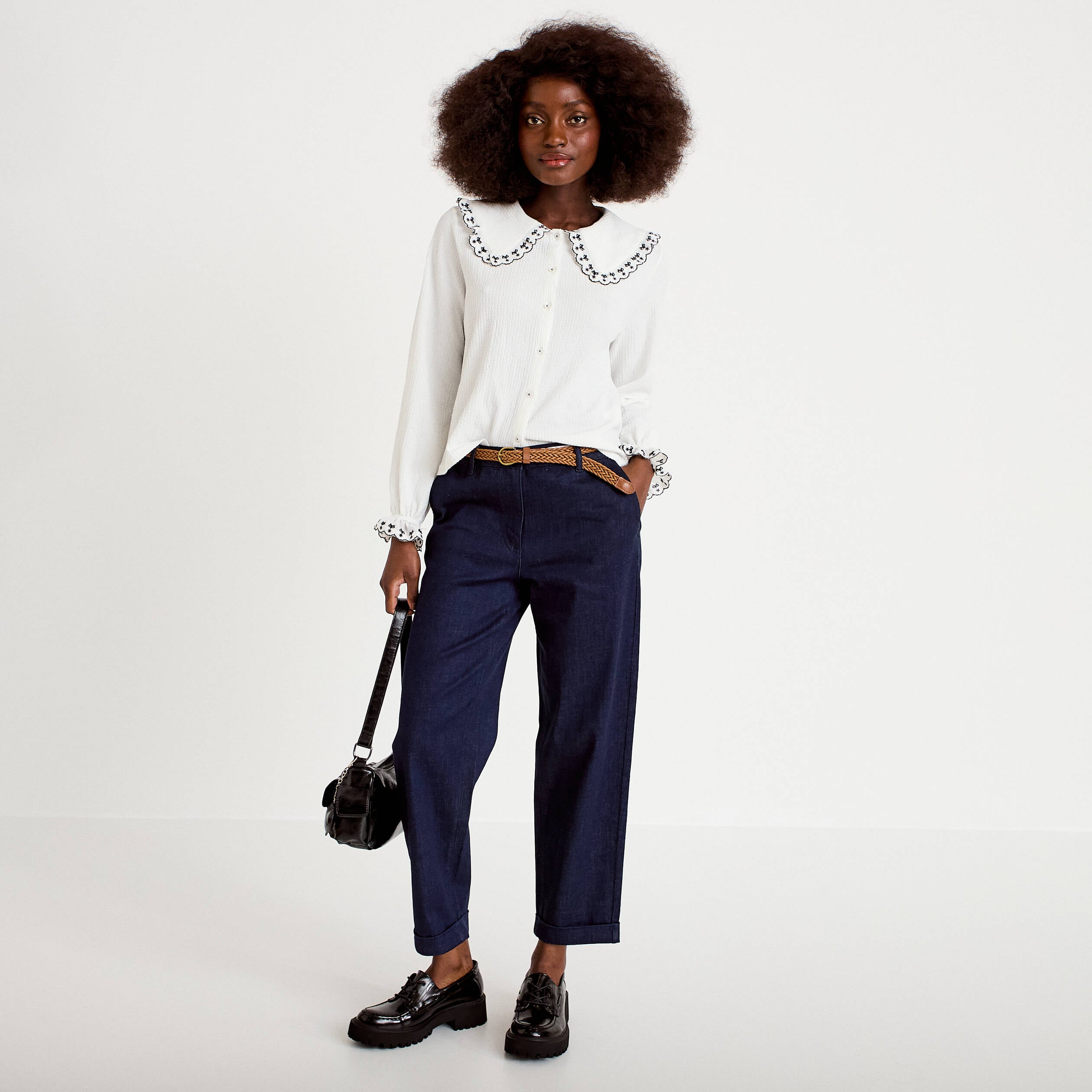 Blouse broderie manches longues ecru femme