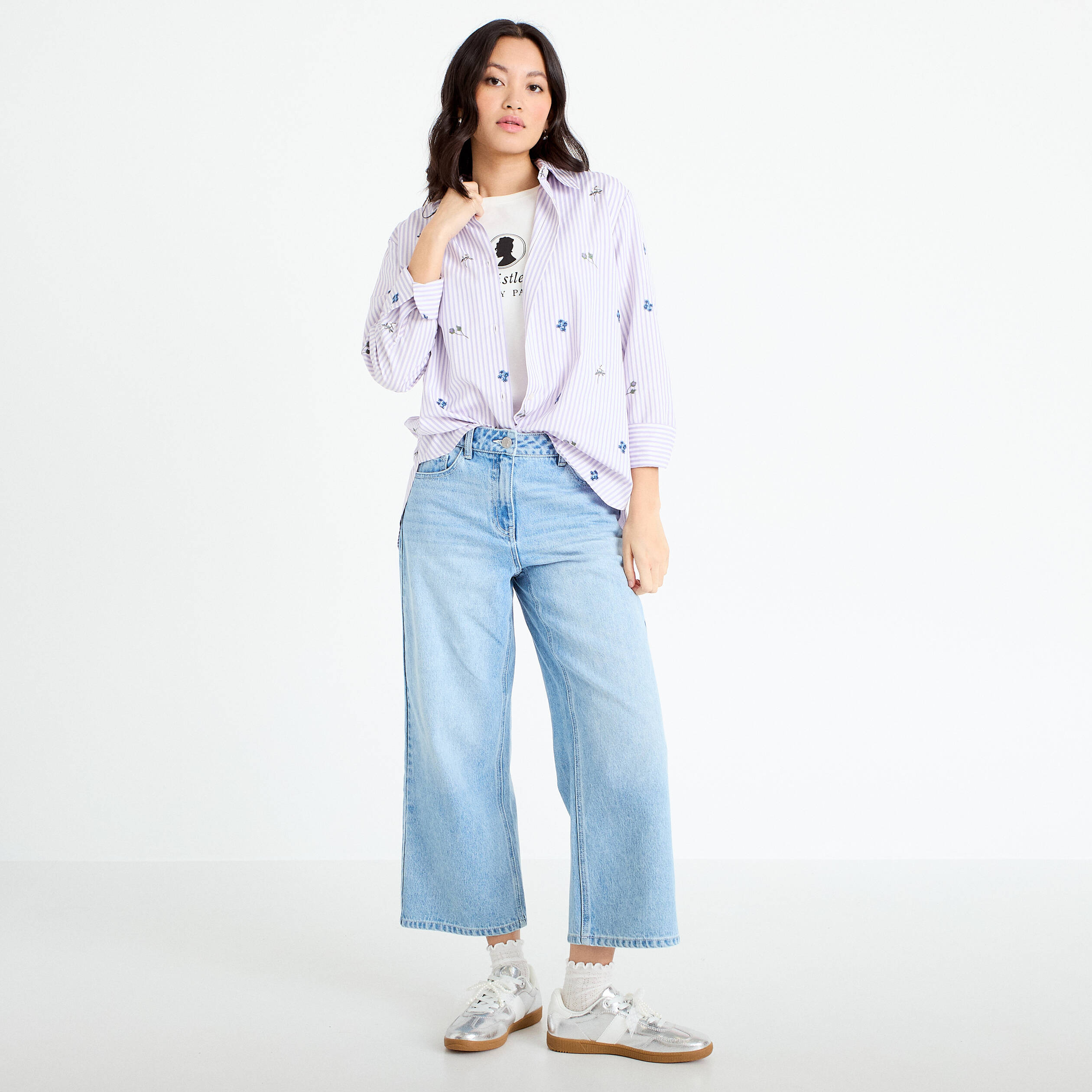 Chemise oversize brod&eacute;e Bridgerton violet clair femme