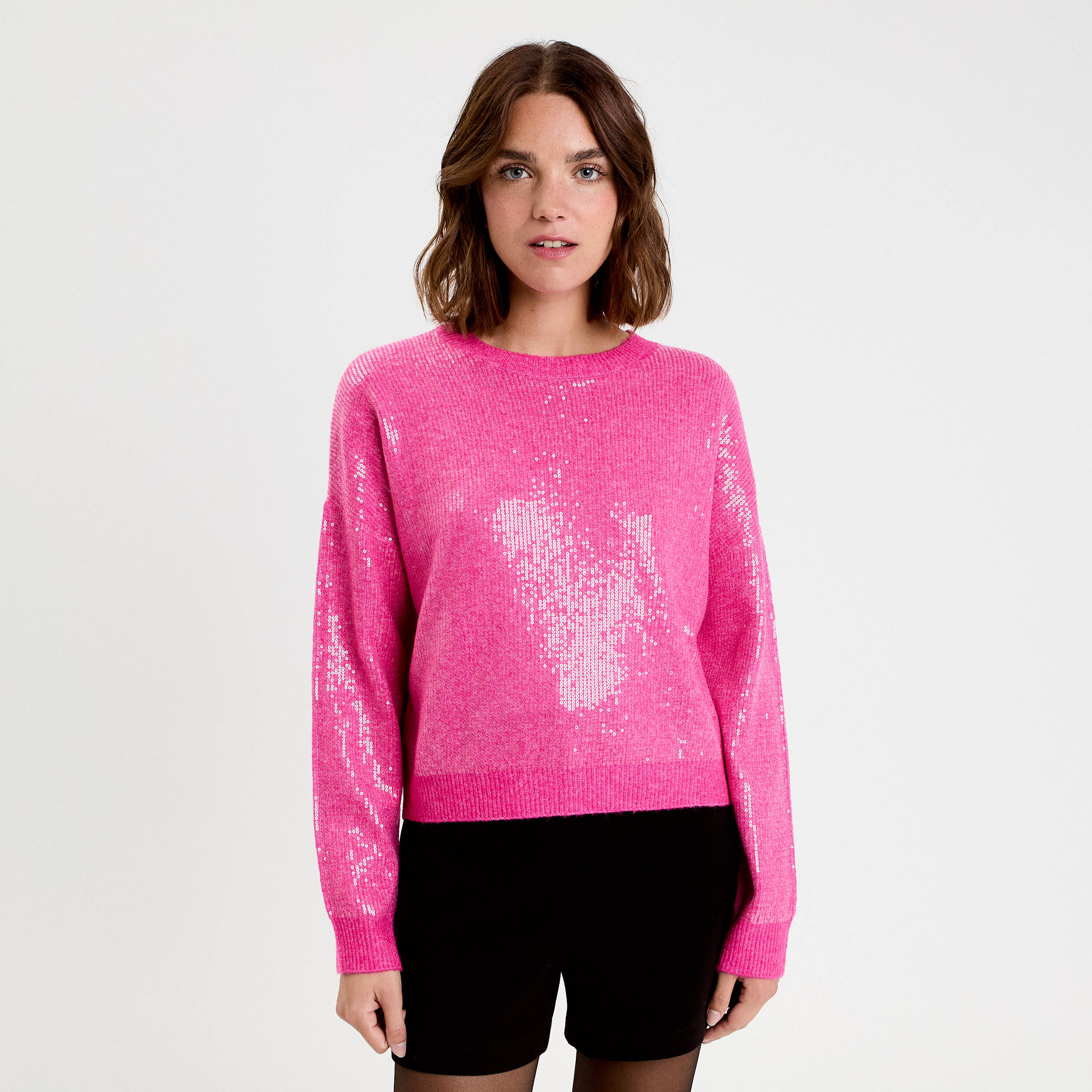 Pull manches longues avec sequins rose fushia femme
