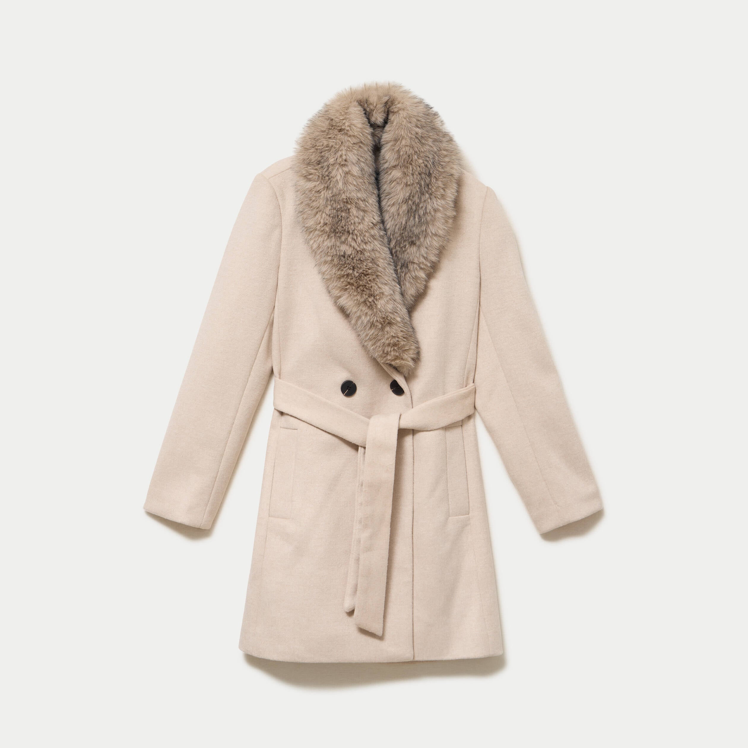 Manteau cintr&eacute; col ch&acirc;le manches longues beige femme