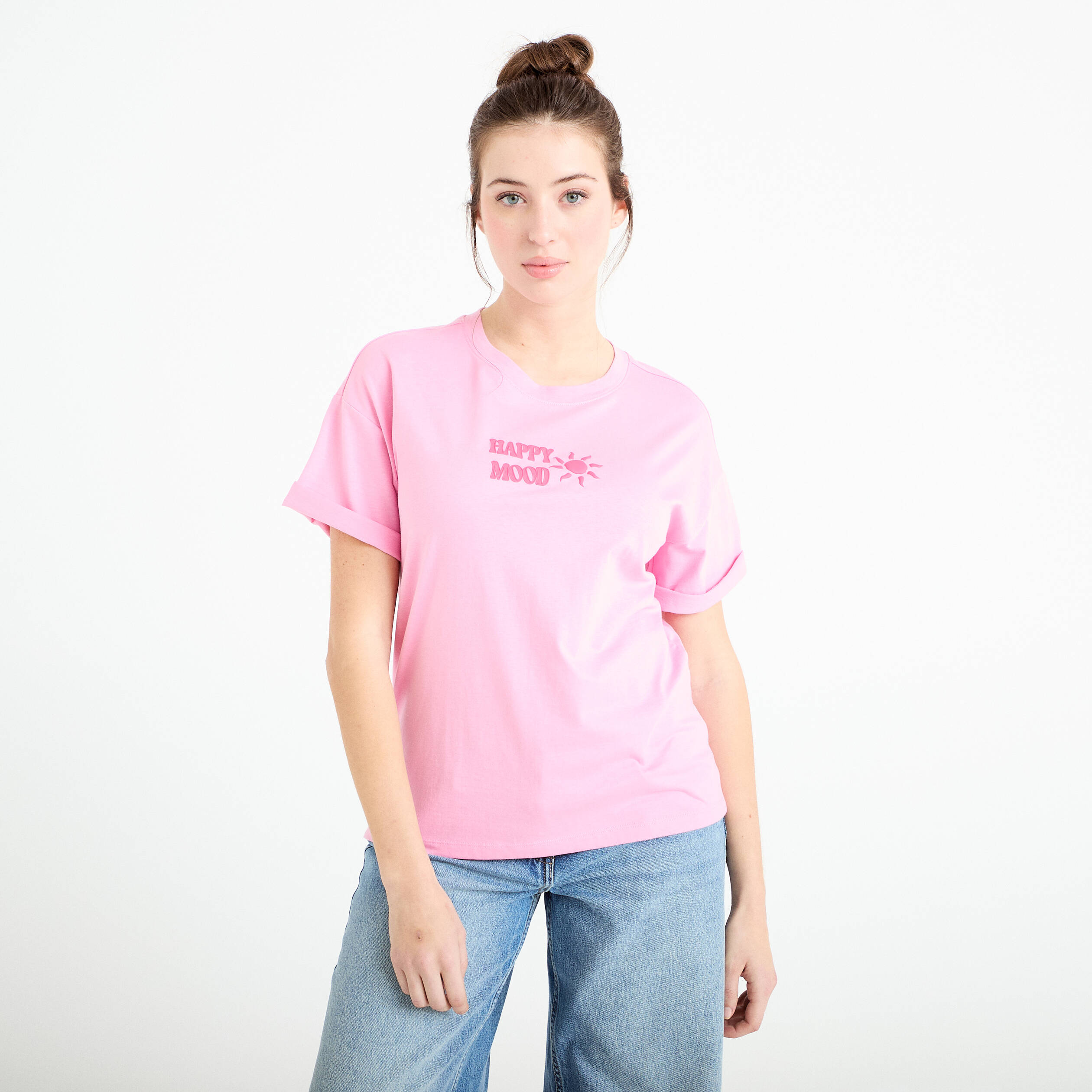 T-shirt col rond manches courtes rose corail femme