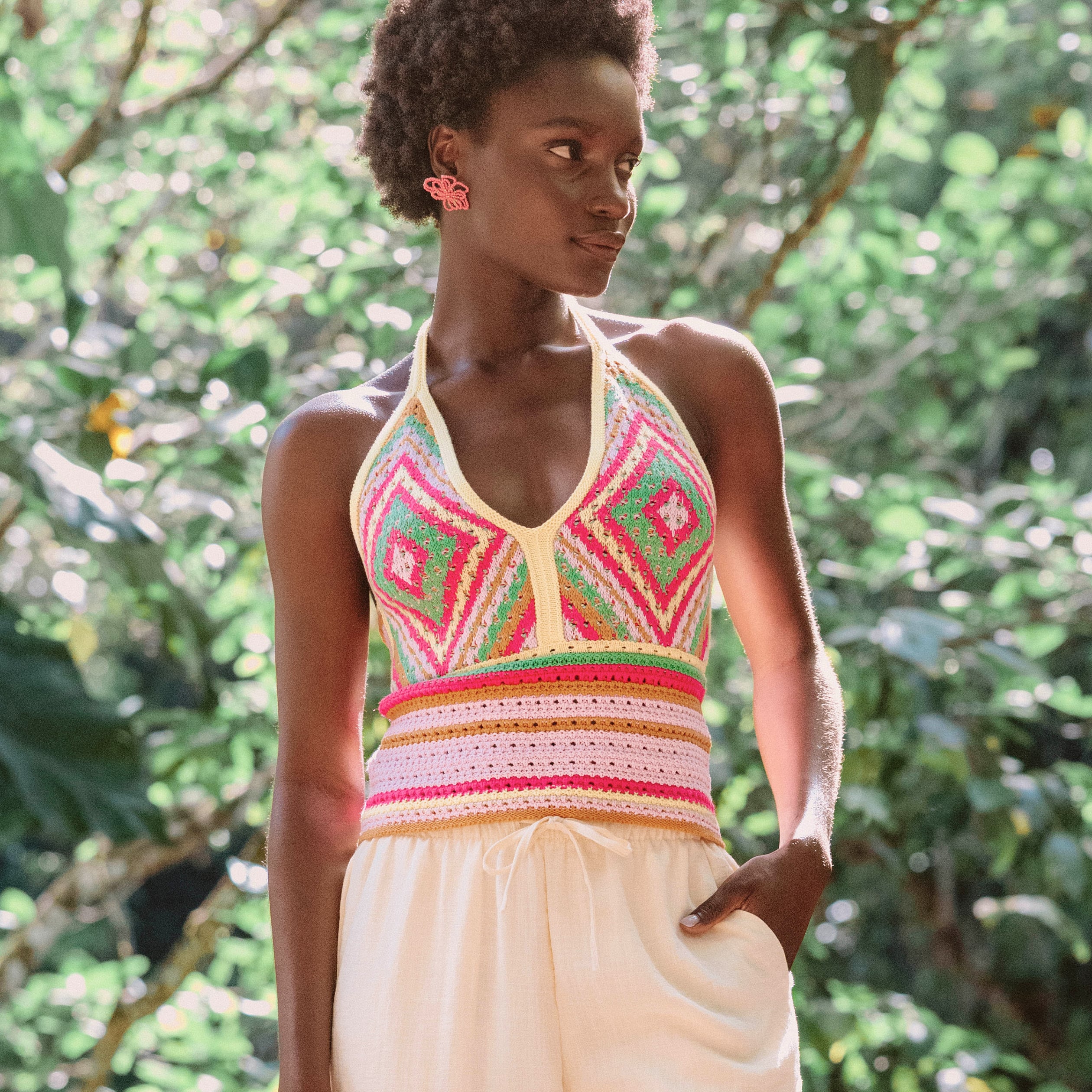 D&eacute;bardeur crochet cropped multicolore femme