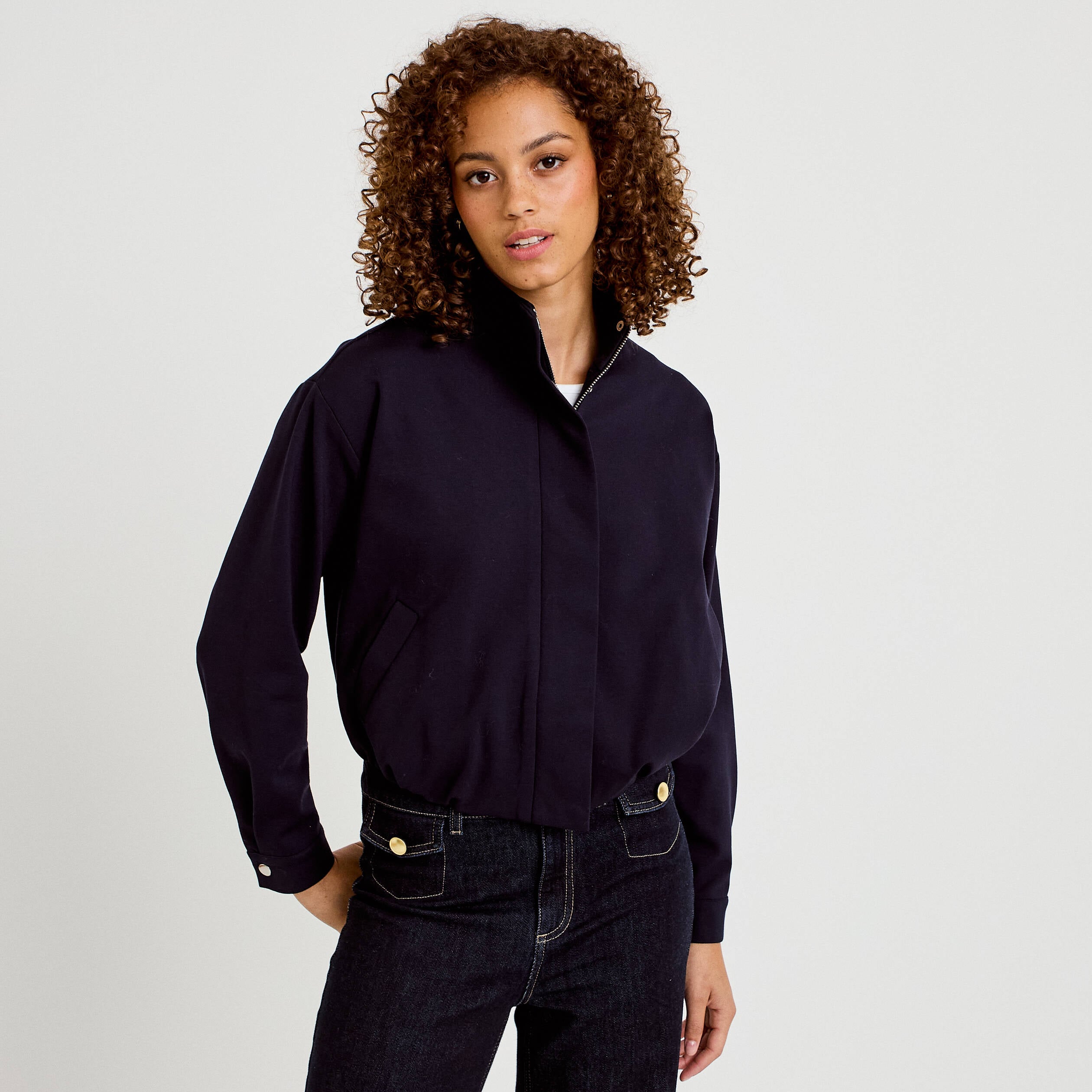 Veste cropped bas resserr&eacute; bleu marine femme