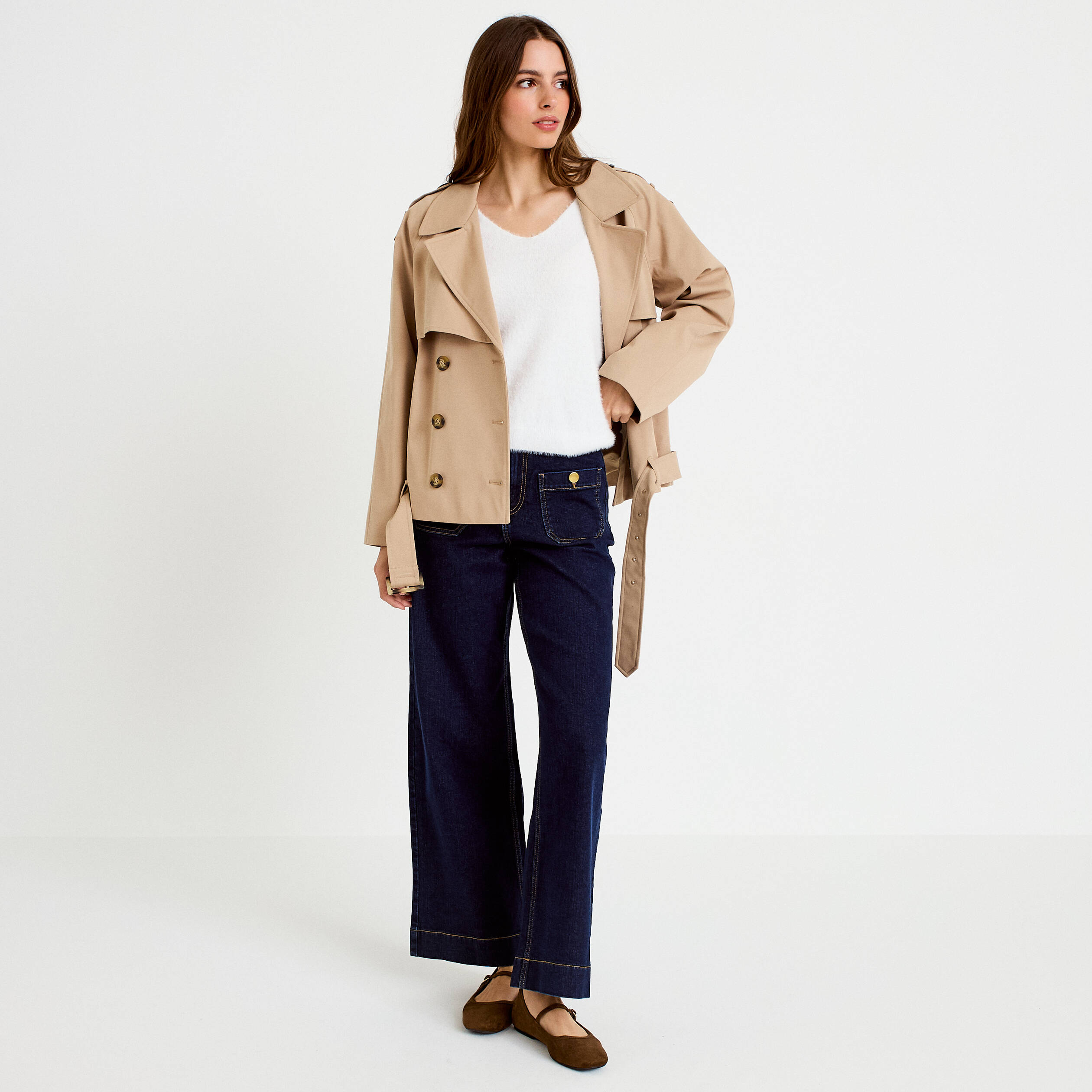 Pull col v manches longues perles ecru femme