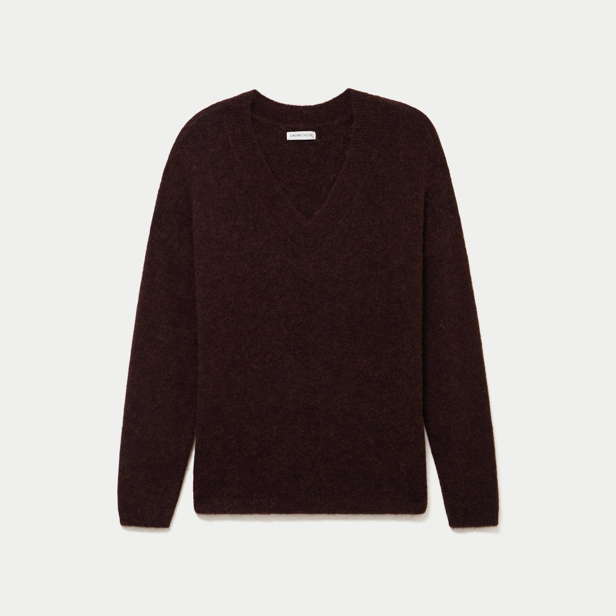 Pull col v manches longues marron fonc&eacute; femme