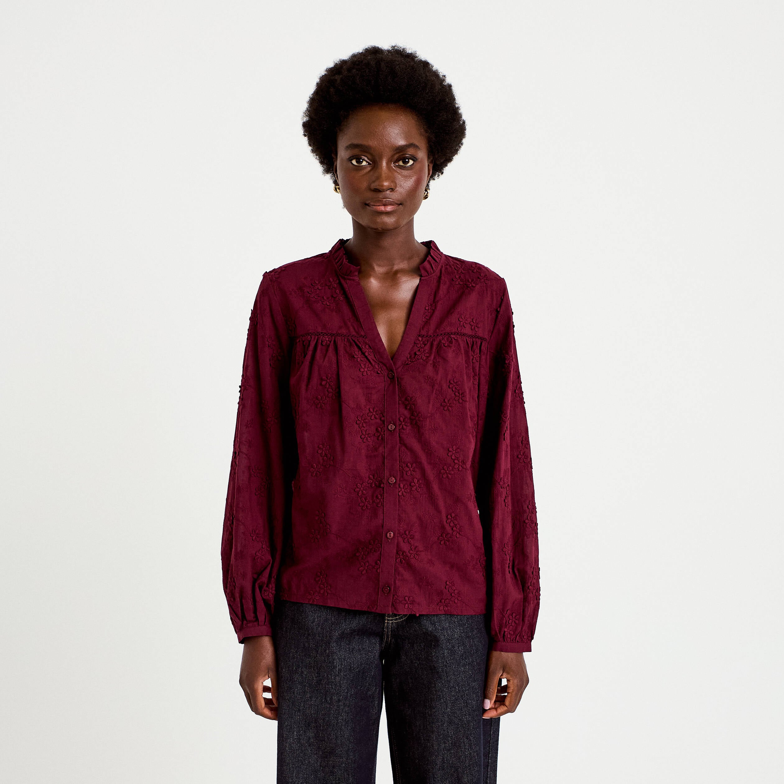 Blouse droite col rond manches longues bordeaux femme