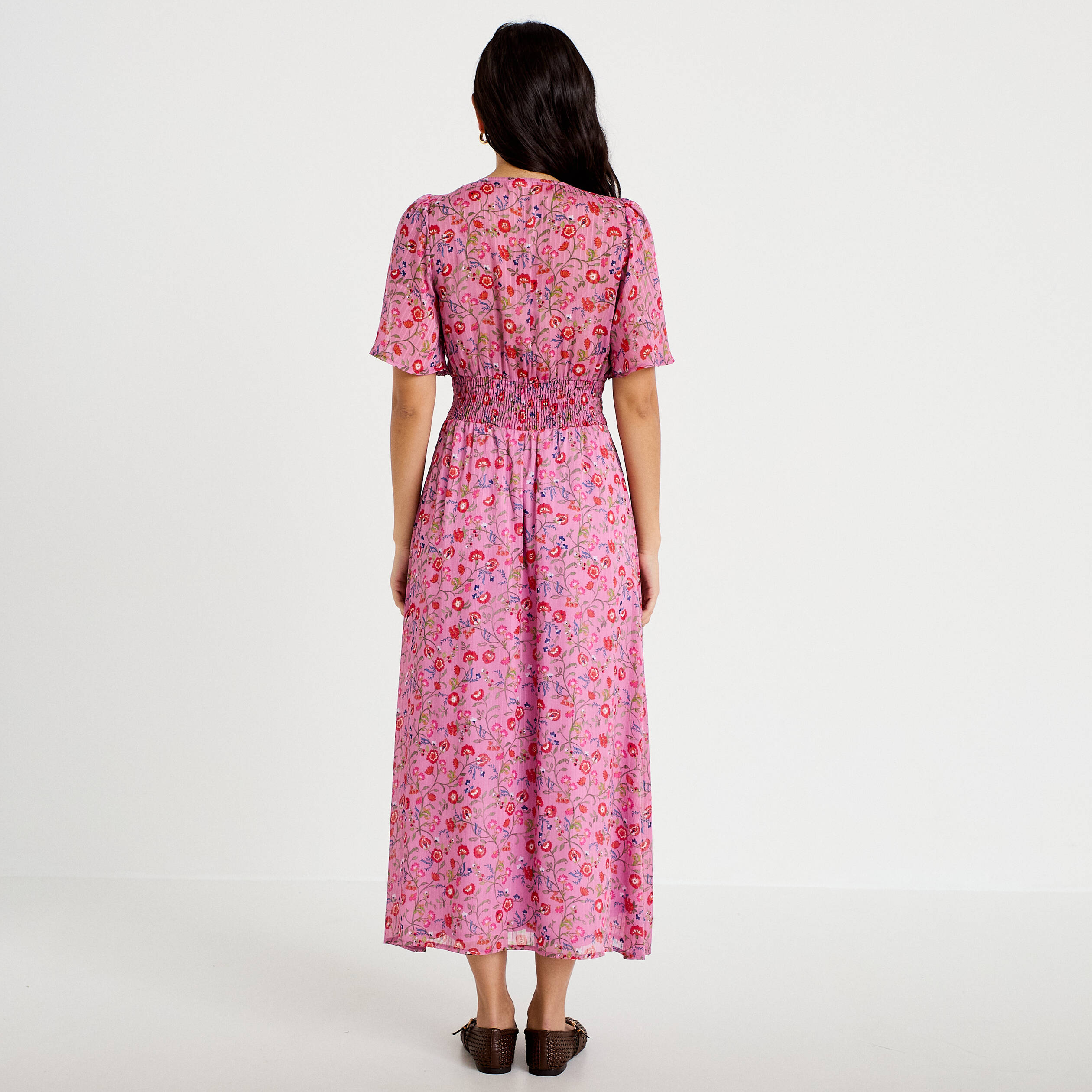Robe longue &eacute;vas&eacute;e voile manches courtes rose femme