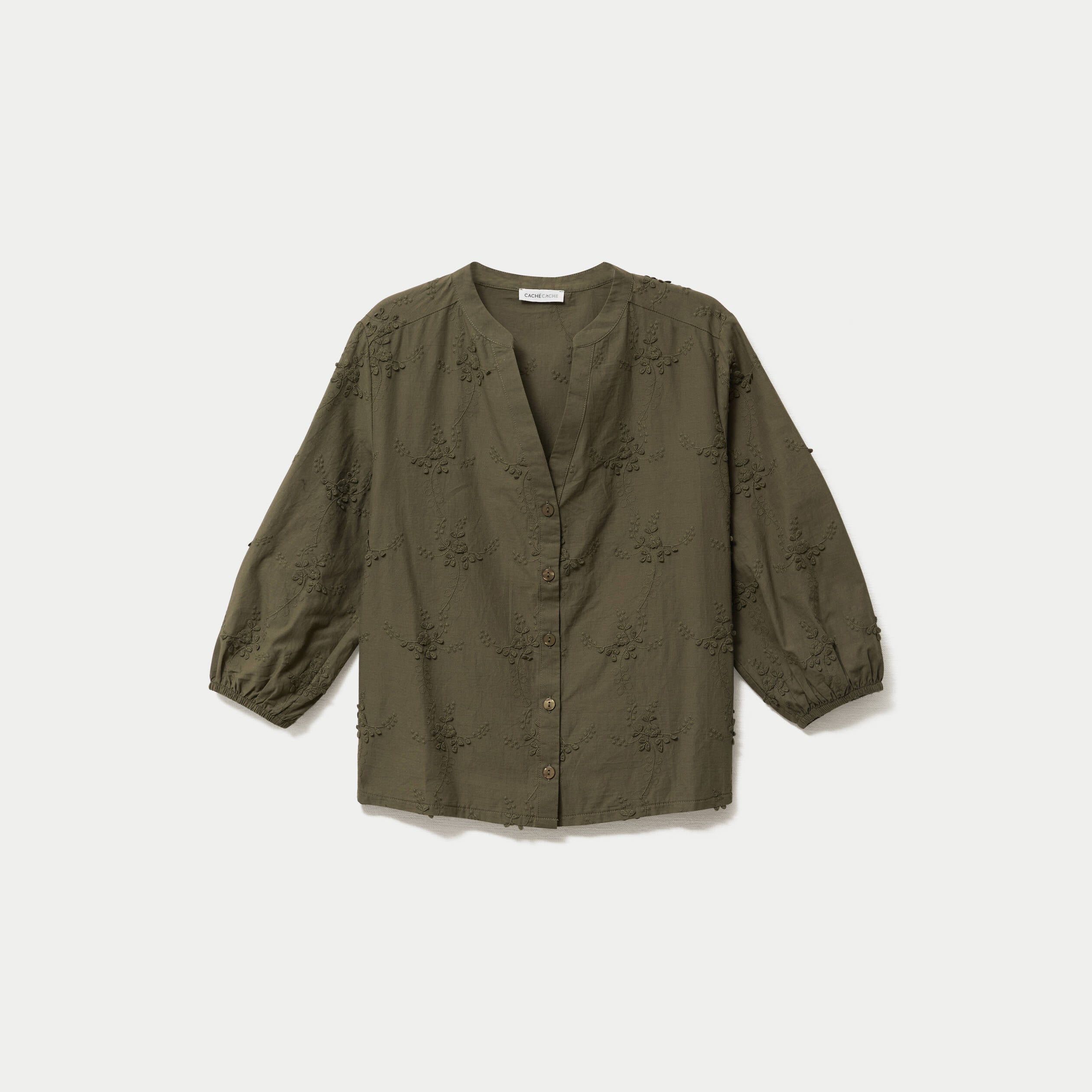 Blouse brod&eacute;e col mao manches 3/4 vert kaki femme