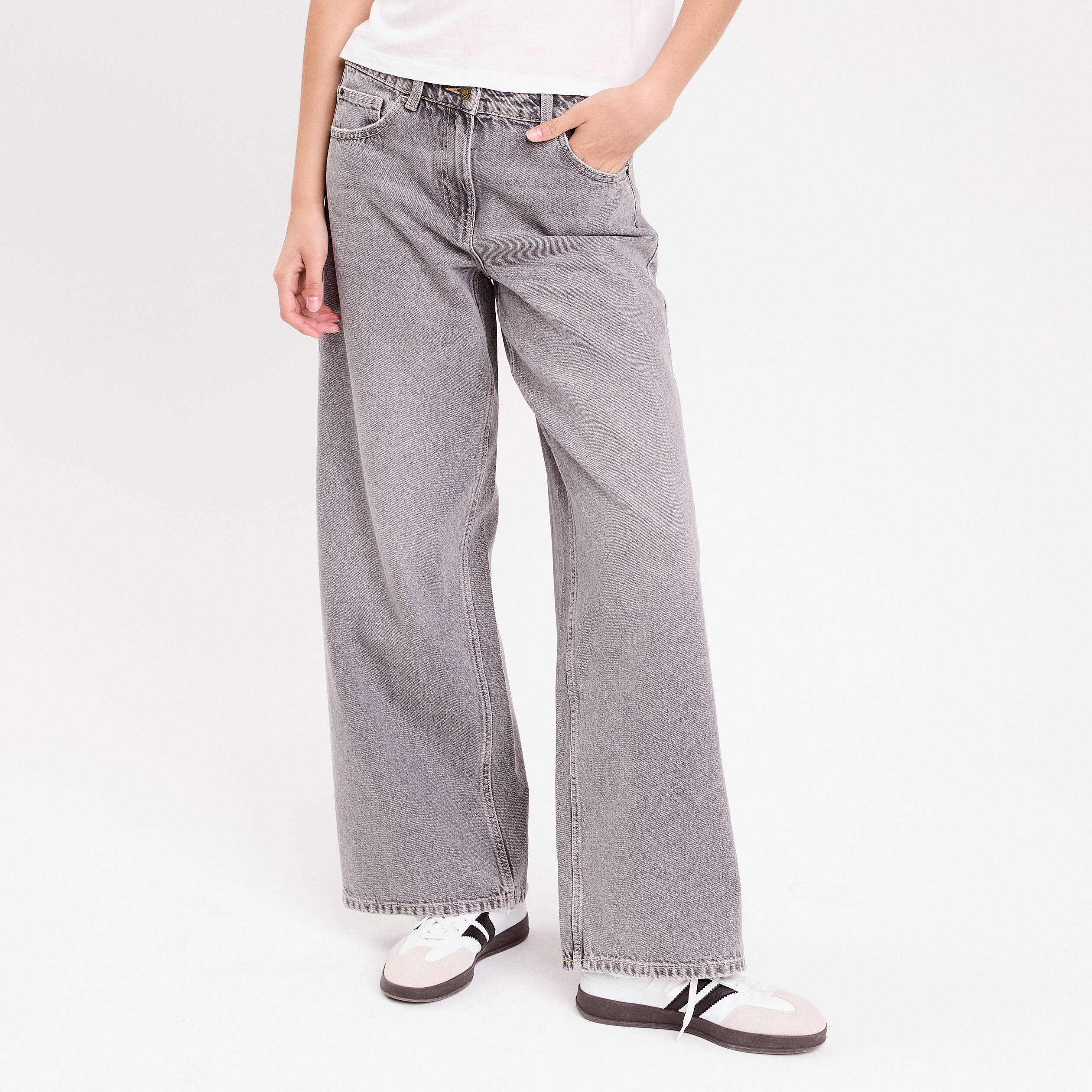 Jean wide leg taille standard denim gris femme
