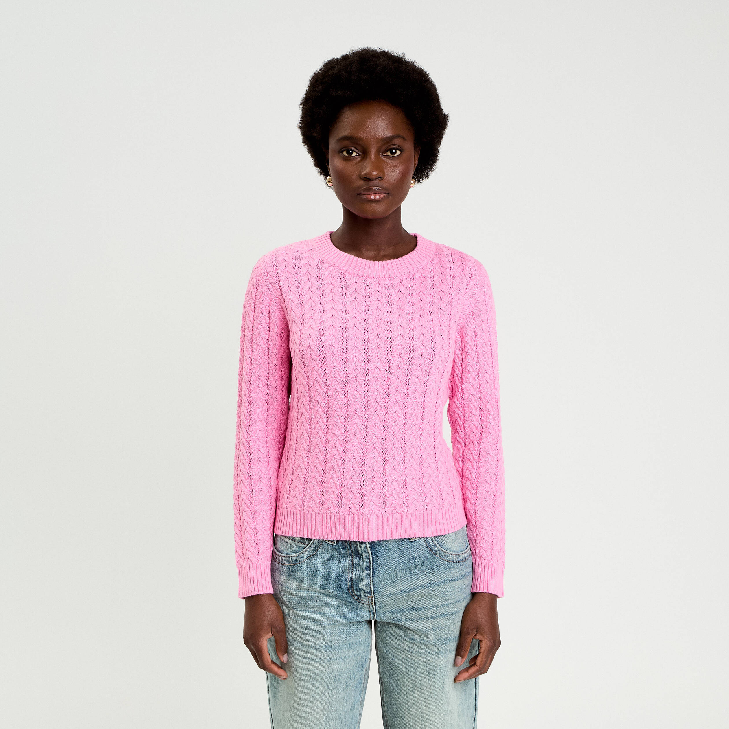 Pull torsad&eacute; rose femme