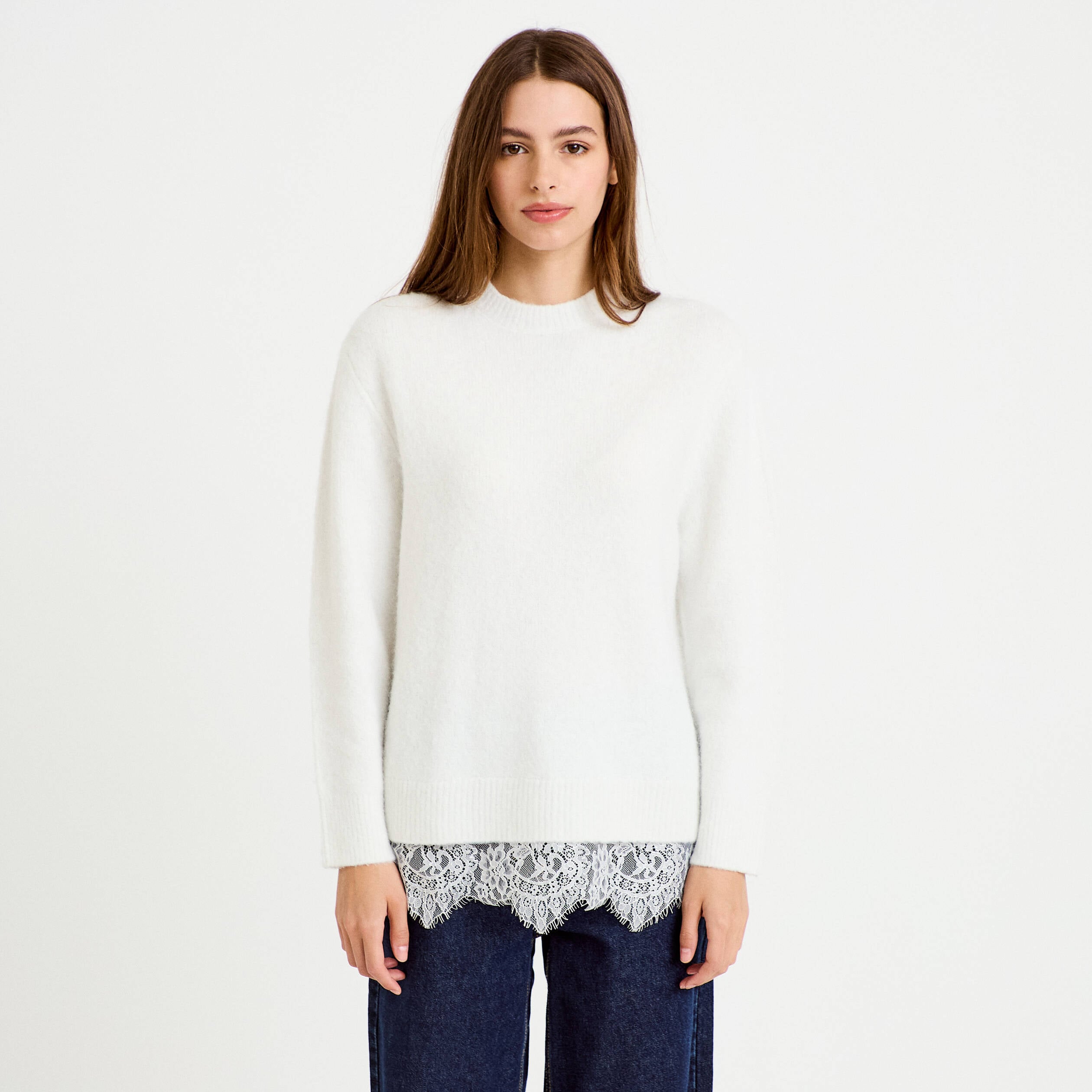 Pull manches longues avec dentelle ecru femme