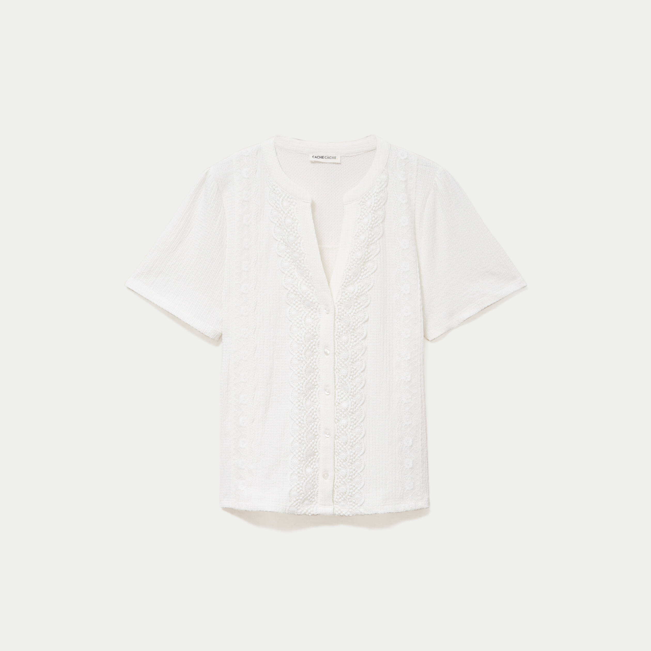 Blouse plastron brod&eacute; manches courtes ecru femme