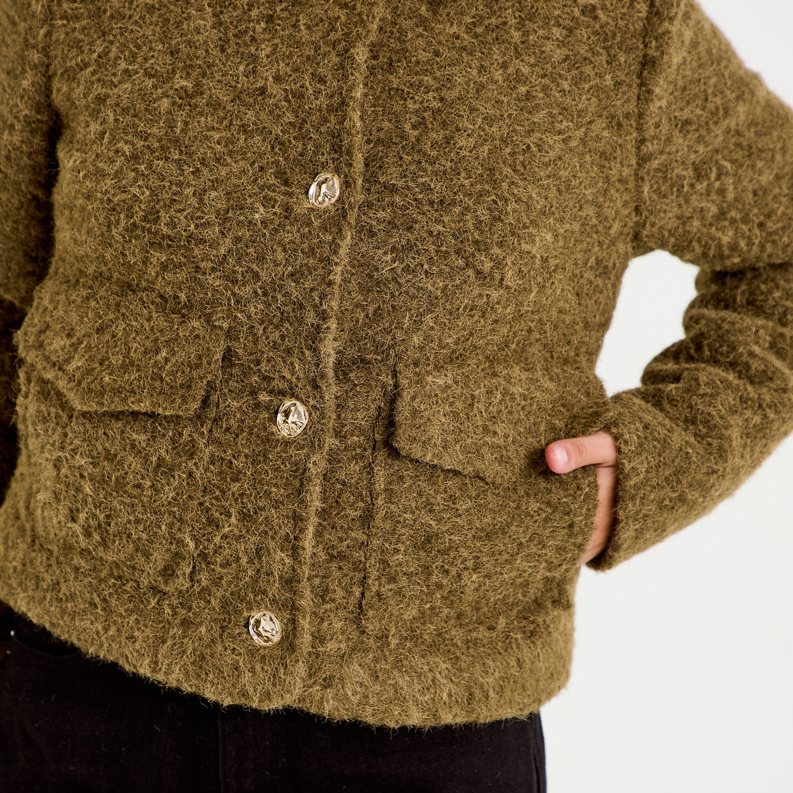 Veste droite bouclette col classique vert kaki femme