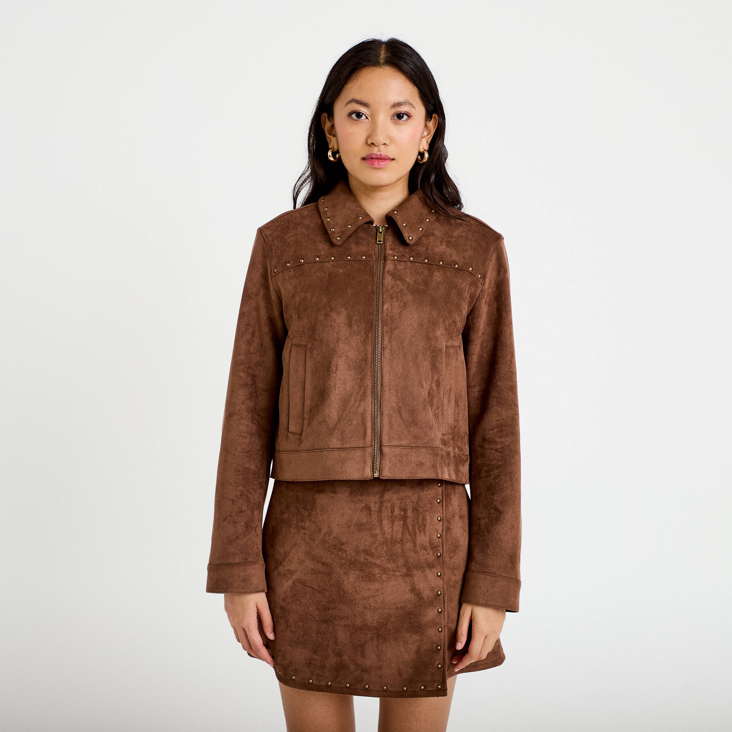 Veste droite cropped col tailleur marron femme