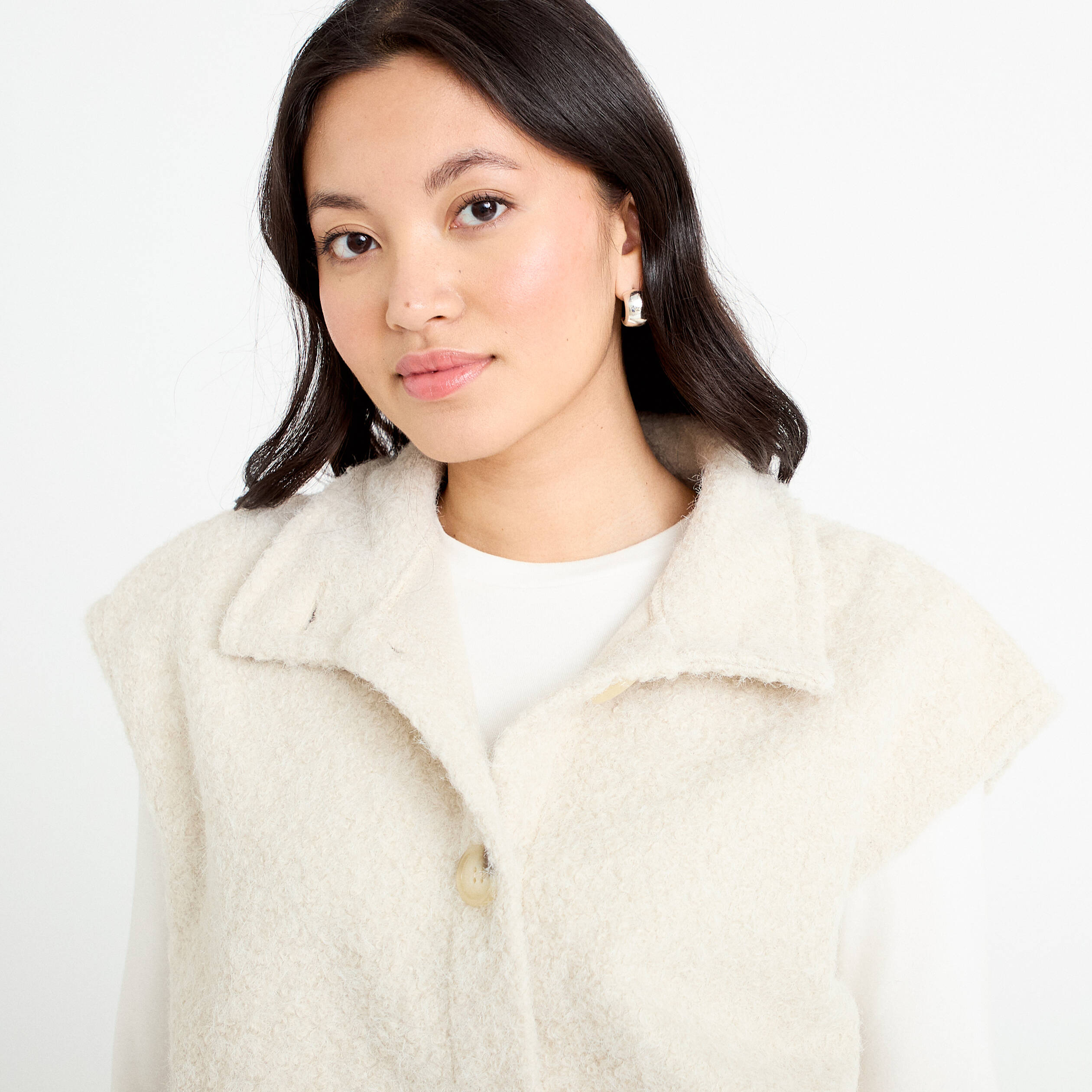 Veste bouclette sans manches col montant sable femme