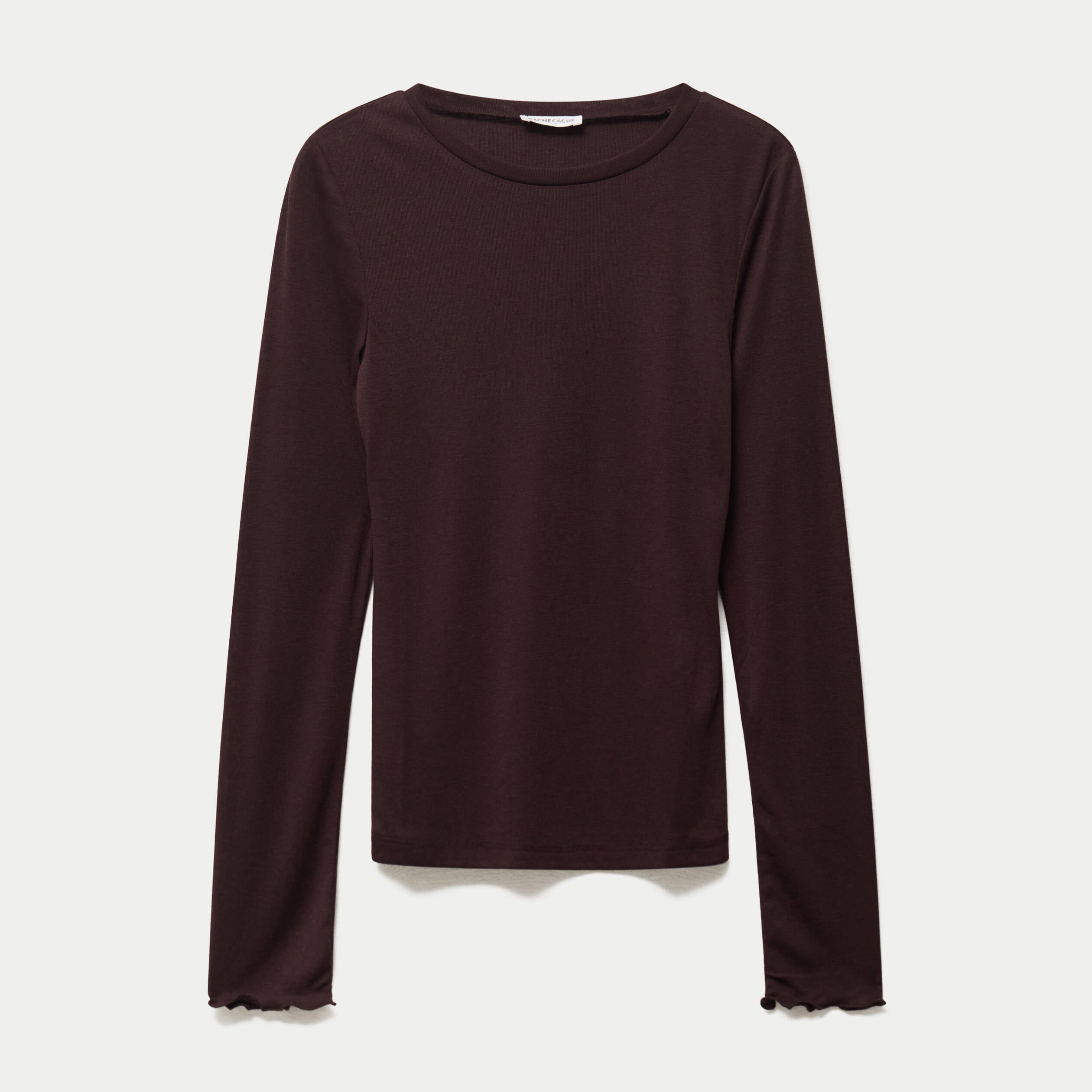 T-shirt ajust&eacute; col rond manches longues marron fonc&eacute; femme