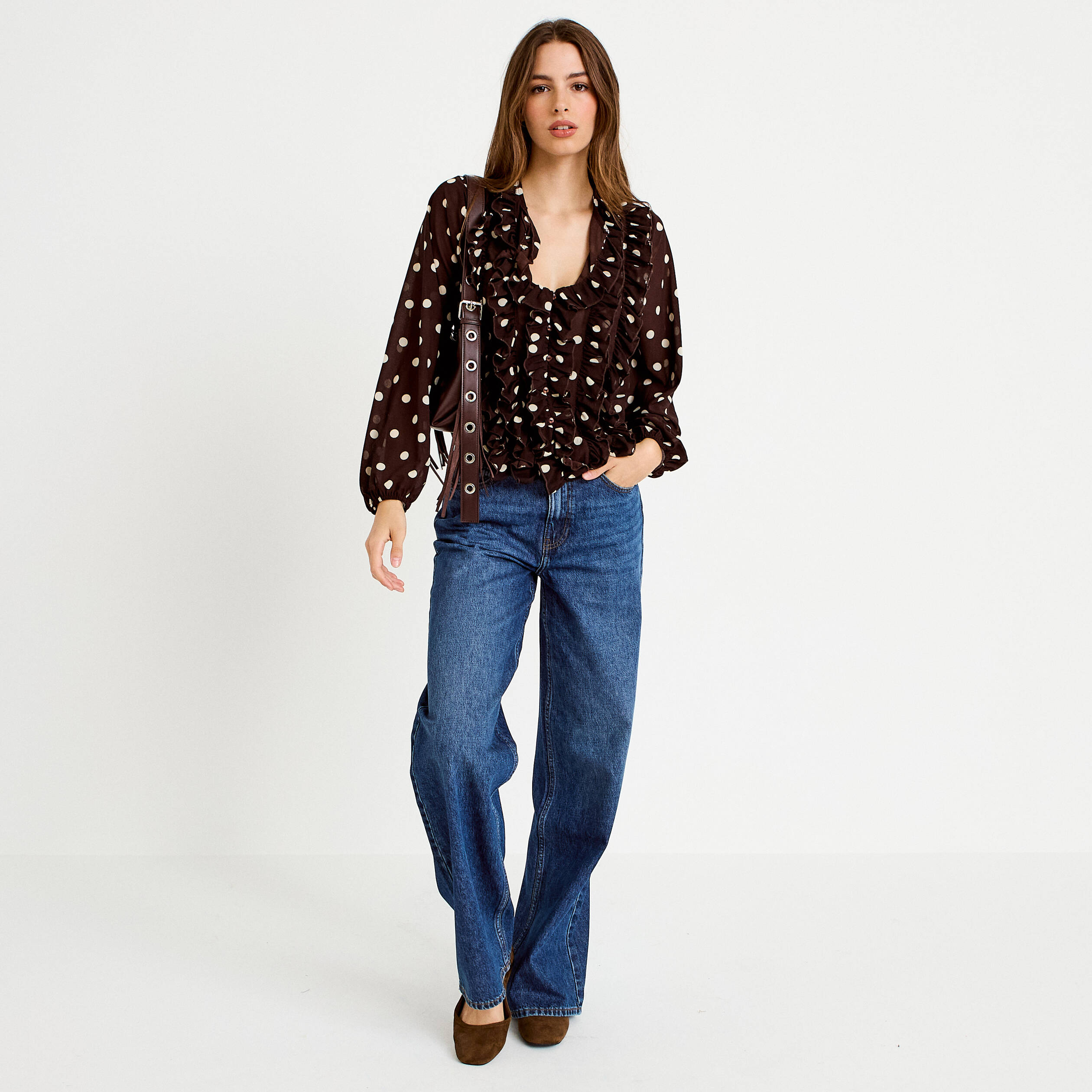 Blouse droite col v manches longues marron femme