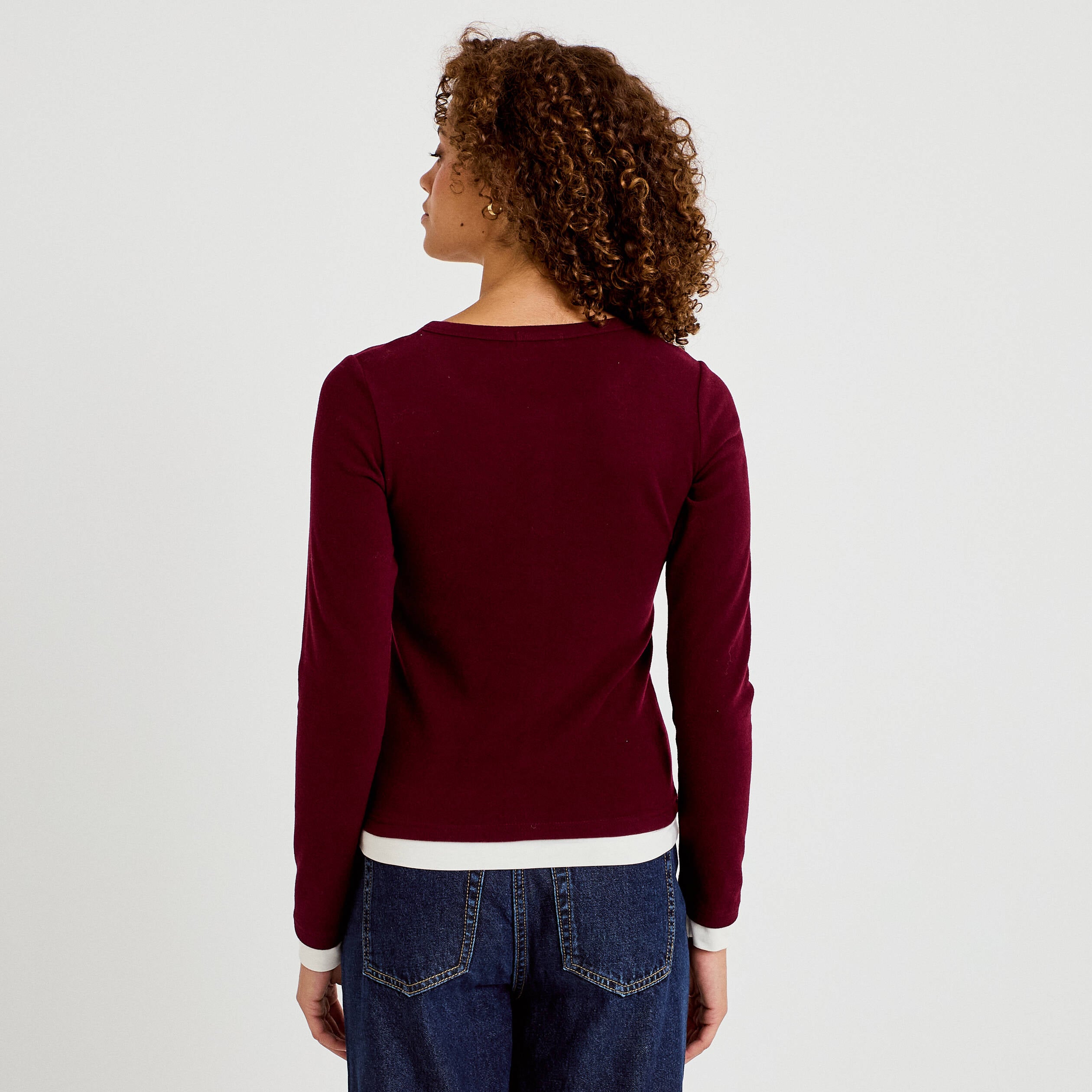 Top col rond manches longues bordeaux femme