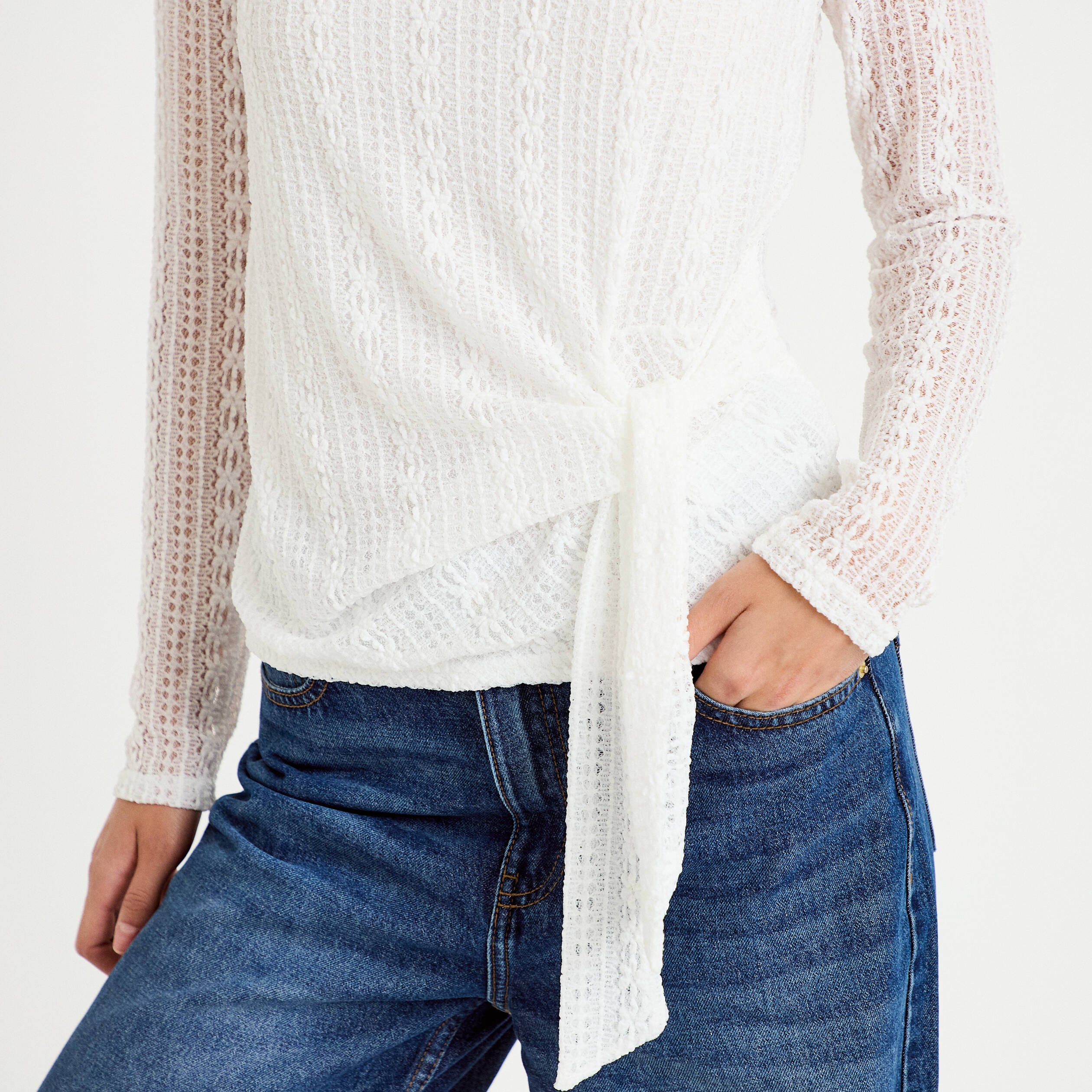 Top droit manches longues dentelle ecru femme