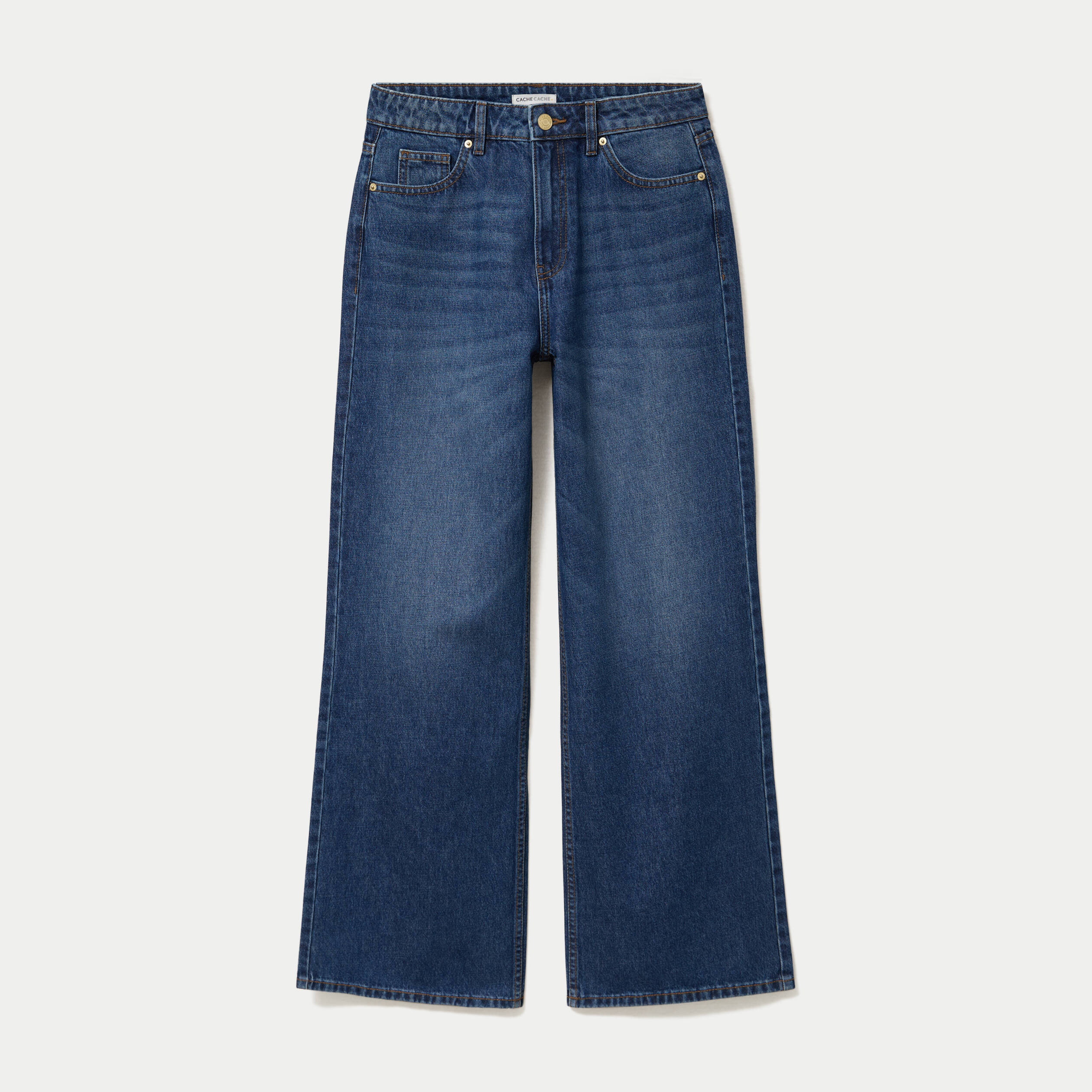 Jeans wide leg taille haute bleu fonc&eacute; femme