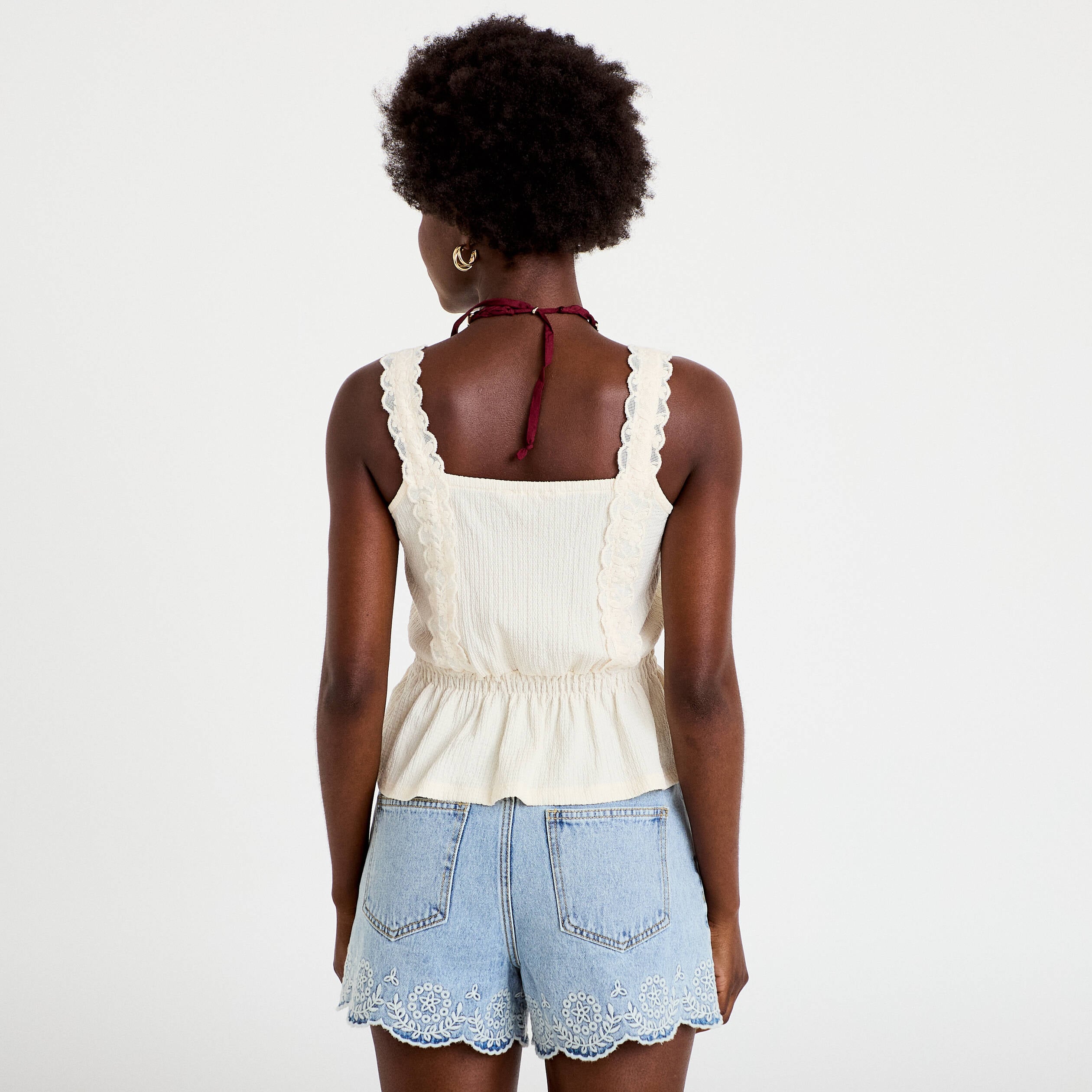Top droit court sans manches dentelle ecru femme
