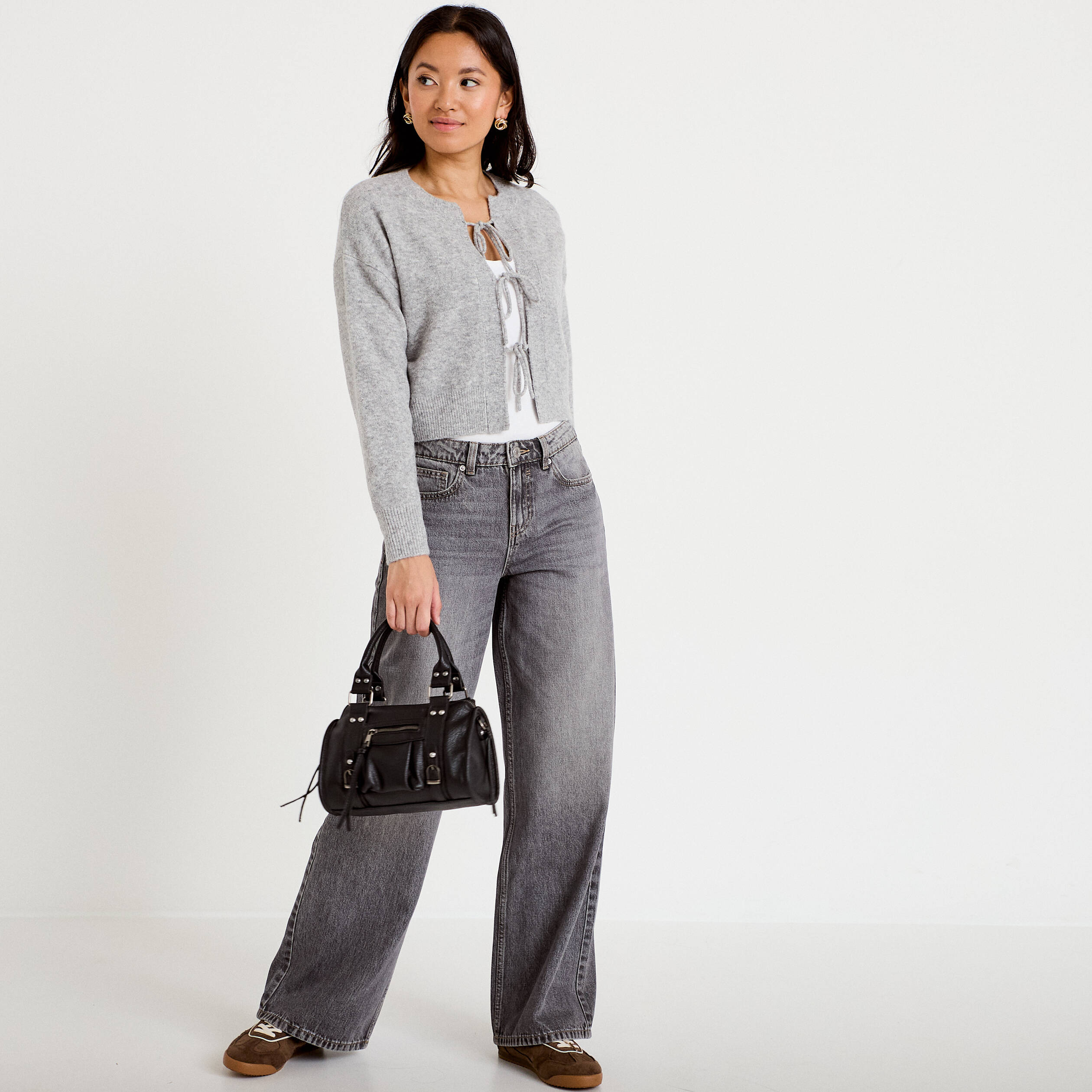 Jean wide leg taille basse denim gris femme