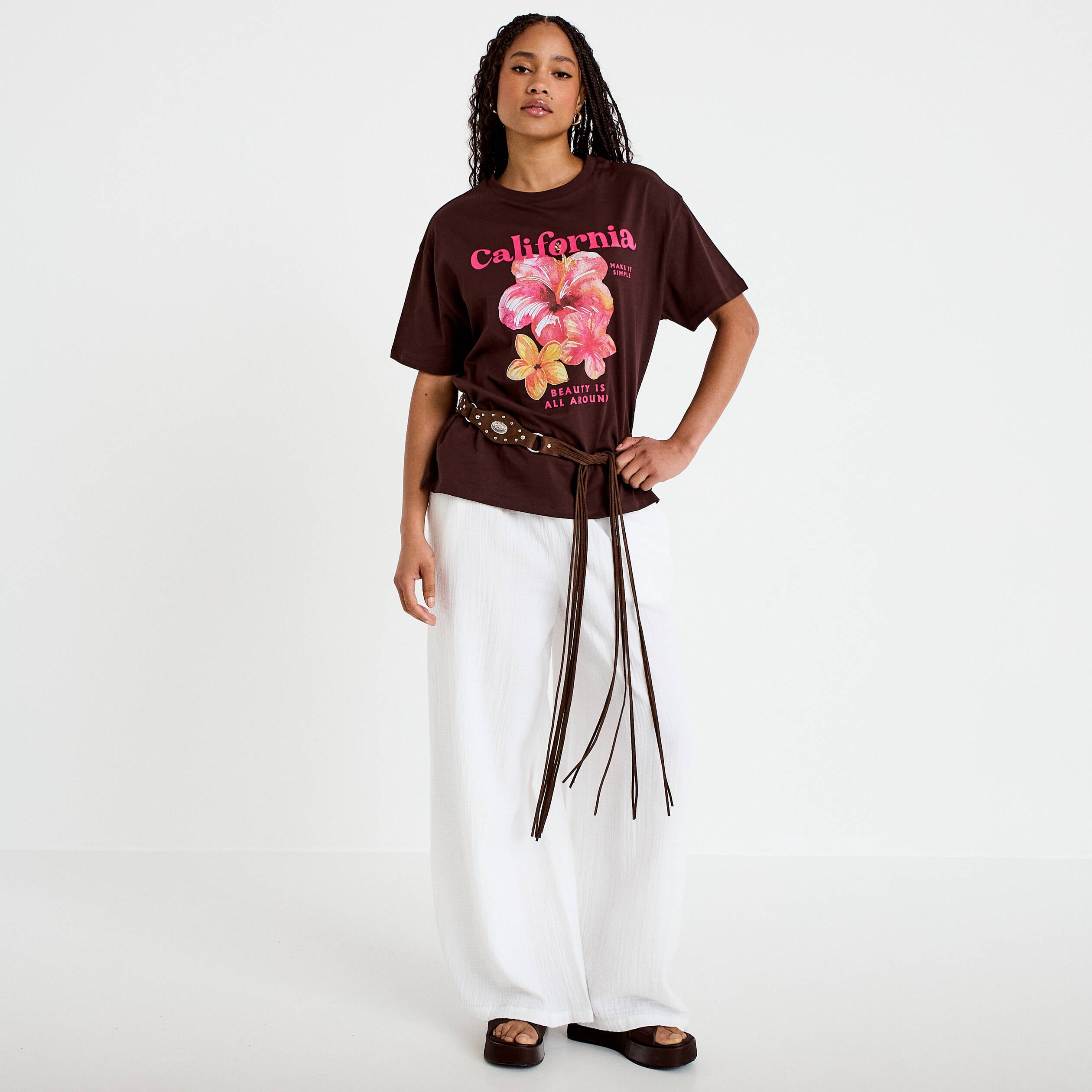 T-shirt col rond manches courtes marron femme