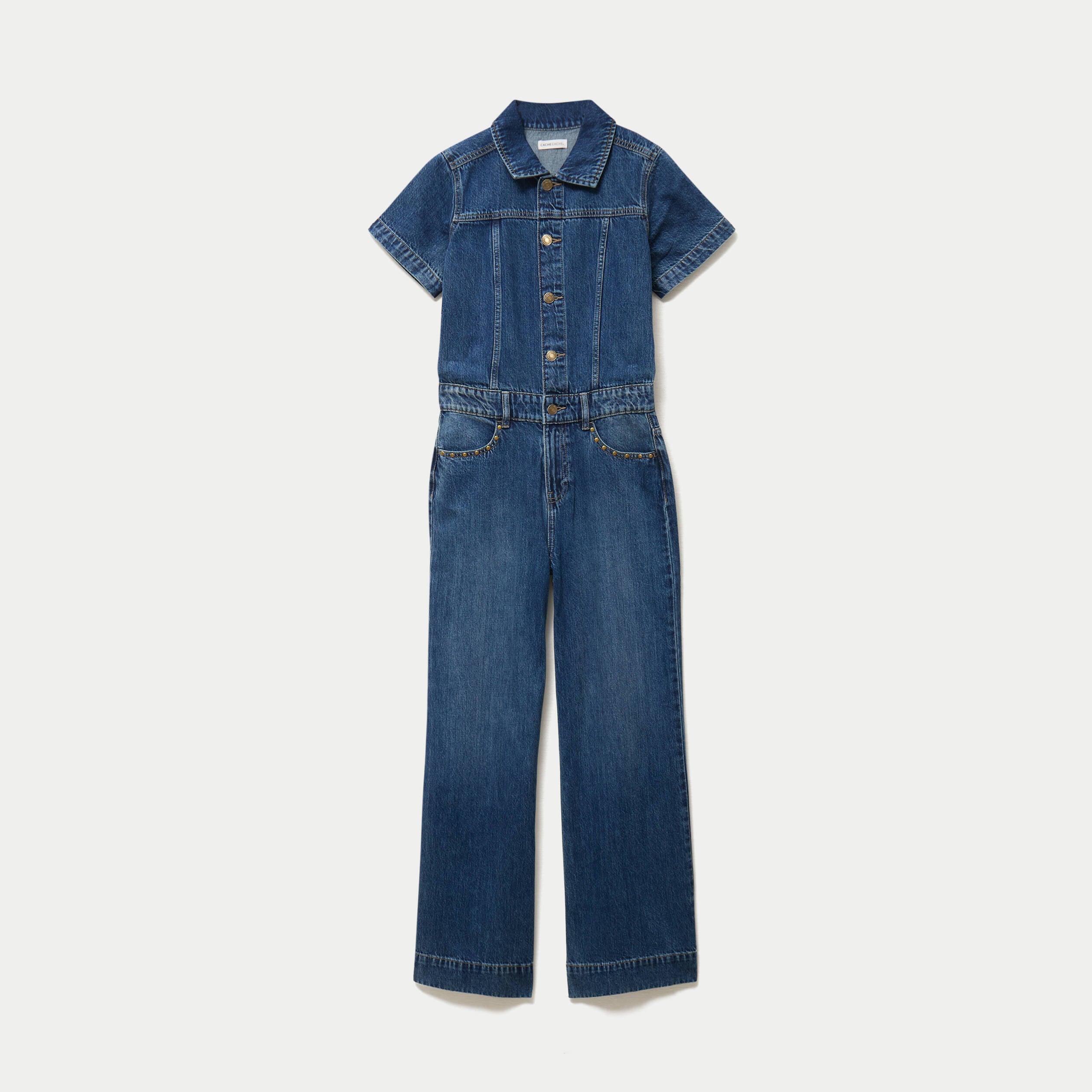 Combinaison jean flare col am&eacute;ricain denim stone femme