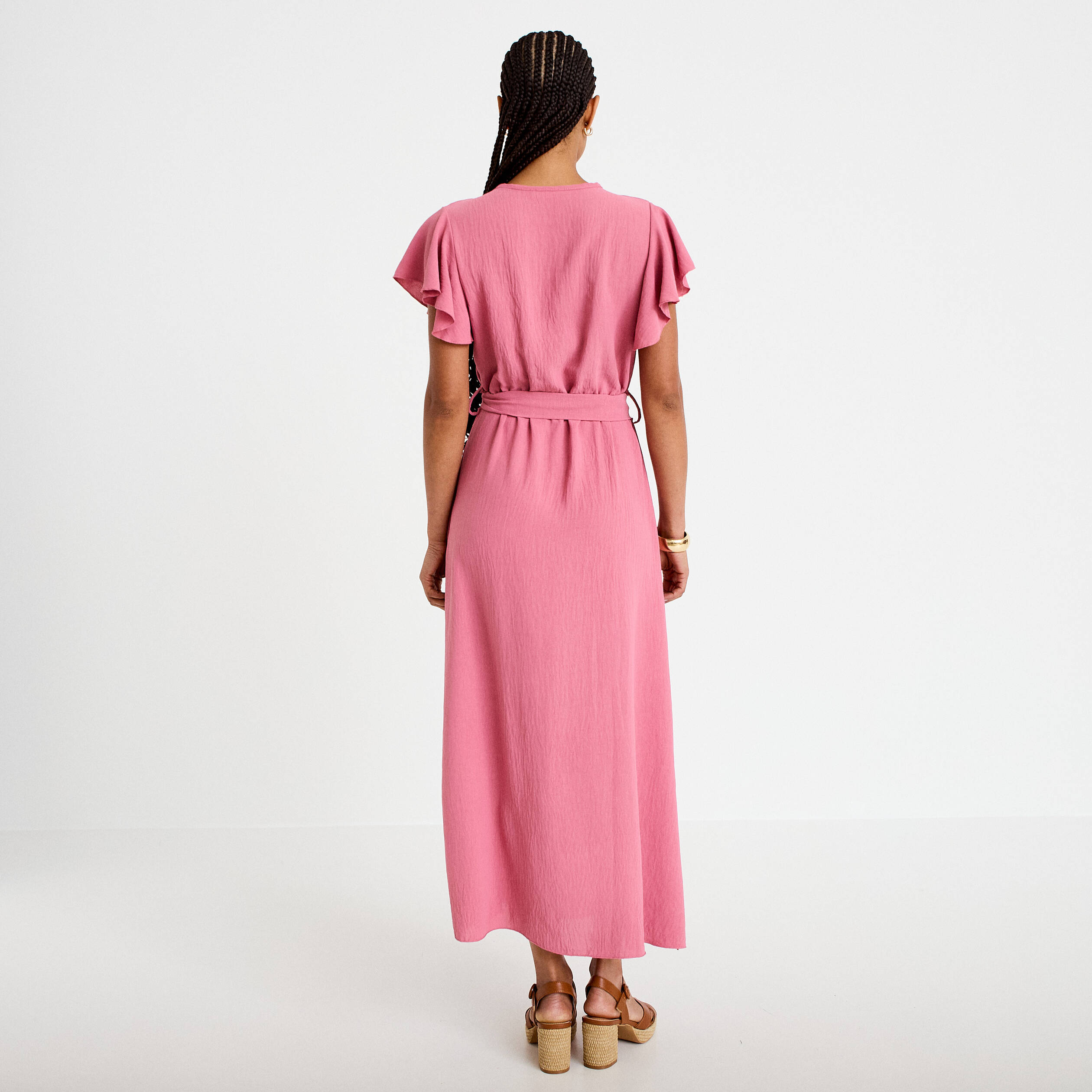 Robe longue &eacute;vas&eacute;e manches courtes vieux rose femme