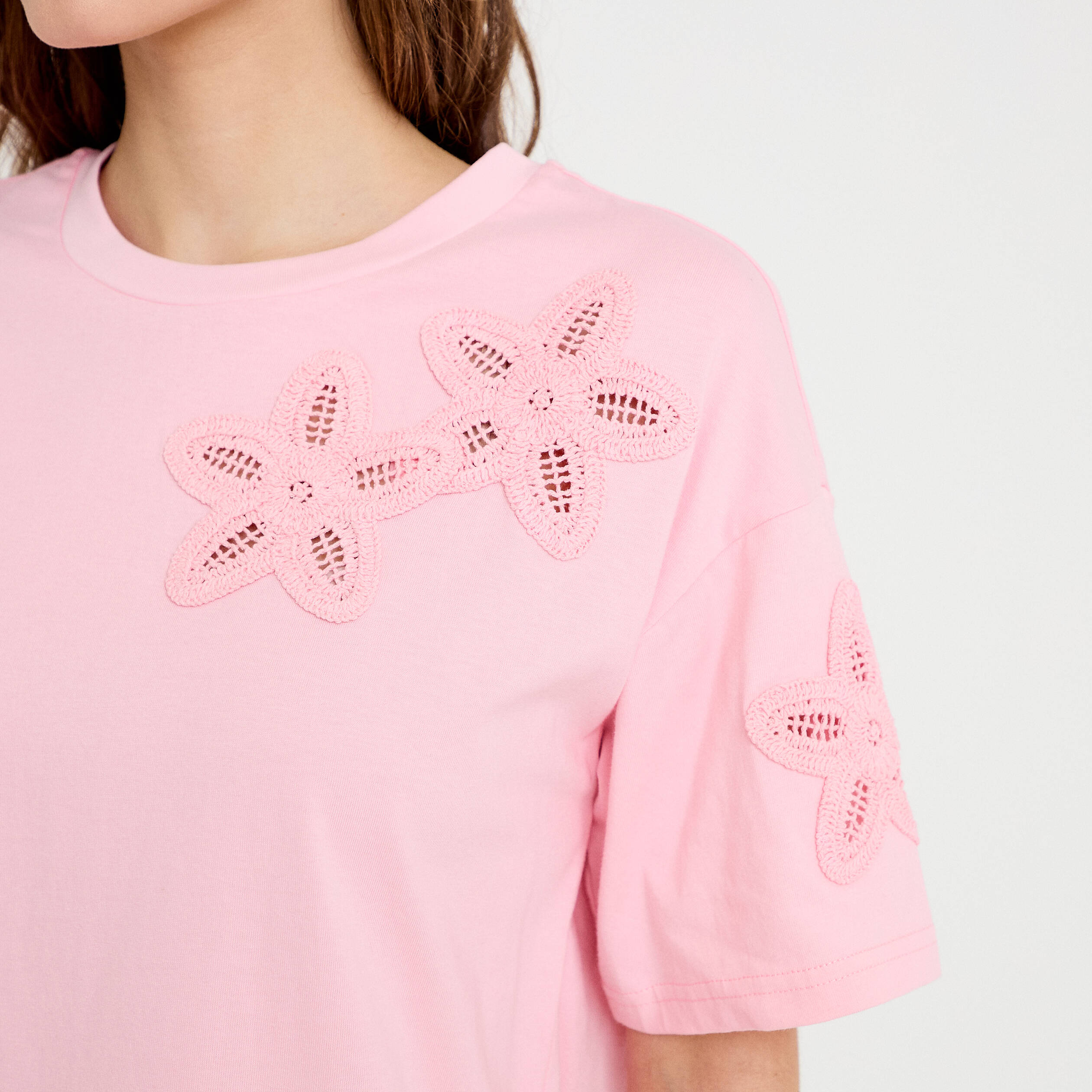 T-shirt col rond manches courtes rose corail femme