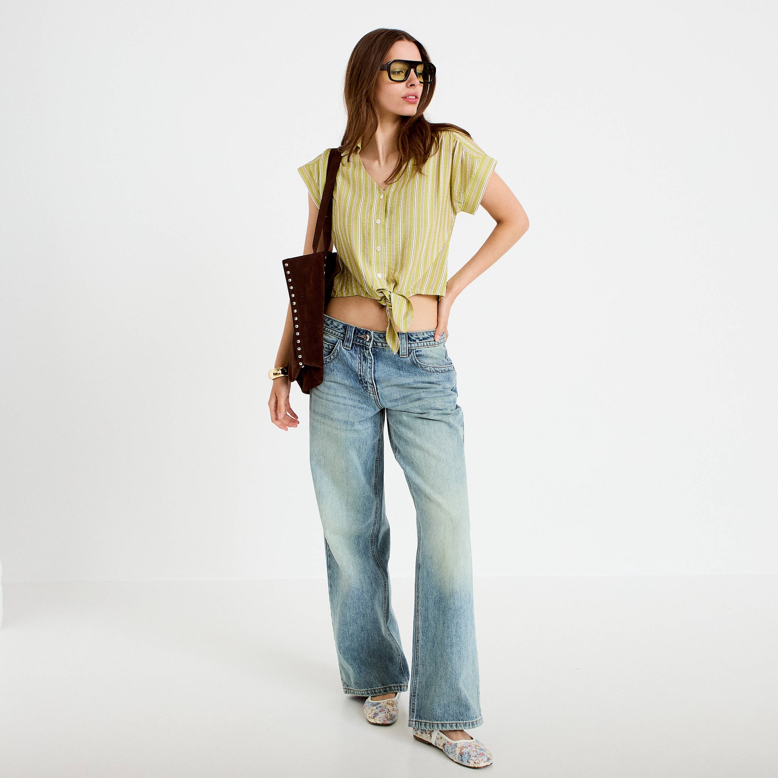 Chemise droite cropped col classique vert kaki femme