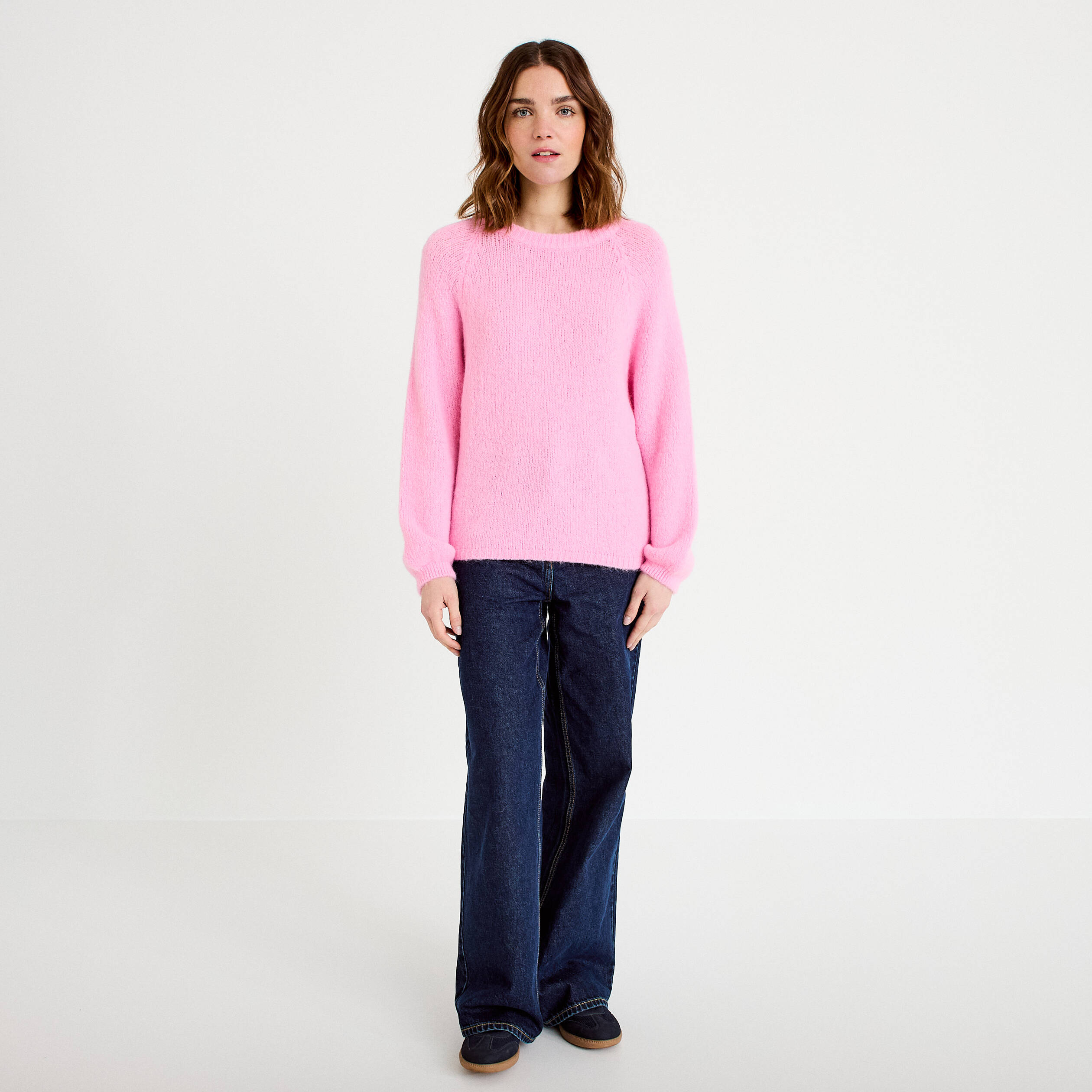 Pull ample col rond manches longues rose femme